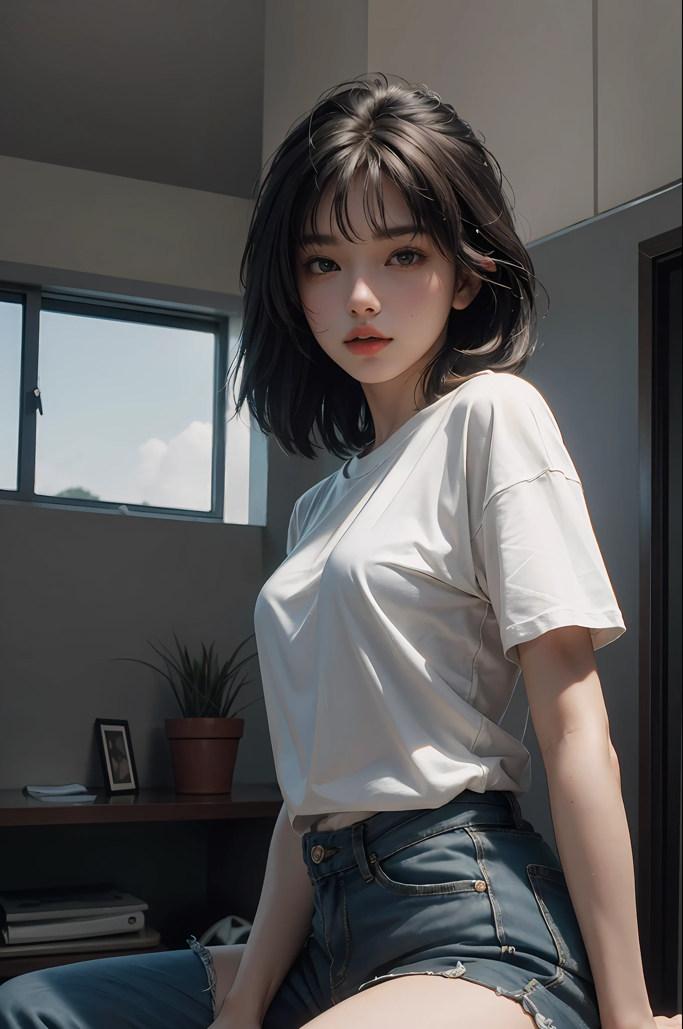 (RAW photo, 4k, masterpiece, high resolution, extremely complex) (realistic: 1.4), cinematic lighting
1 girl, single focus, summer noon, 1990s, shorts short sleeve T-shirt lens, indoor