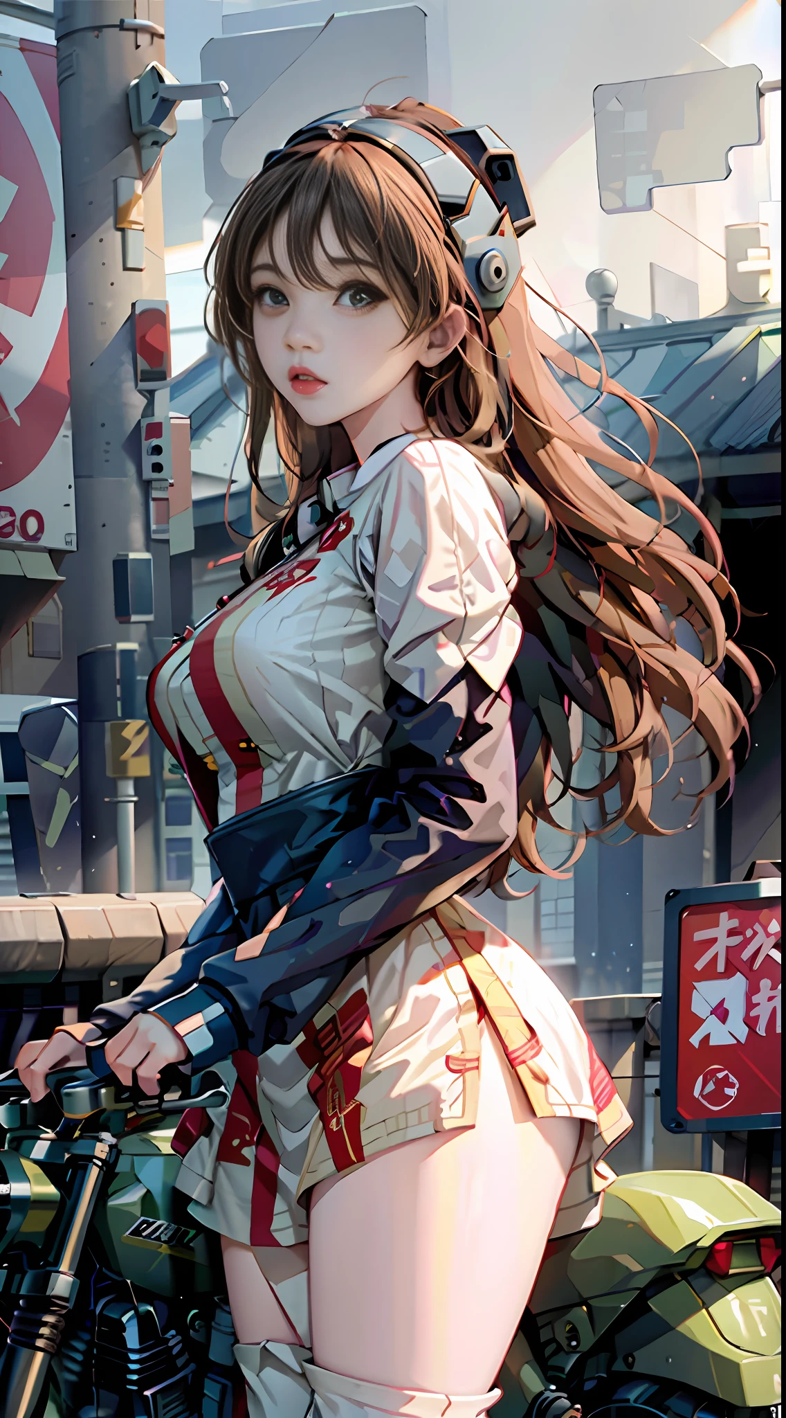 Highest quality, outstanding details, super high resolution, (fidelity: 1.4), the best illustration, favor details, highly condensed 1girl, with a delicate and beautiful face, dressed in mecha, wearing a mecha helmet, holding a direction controller, riding on a motorcycle, the background is a high-tech lighting scene of the future city, stockings, fishnet socks