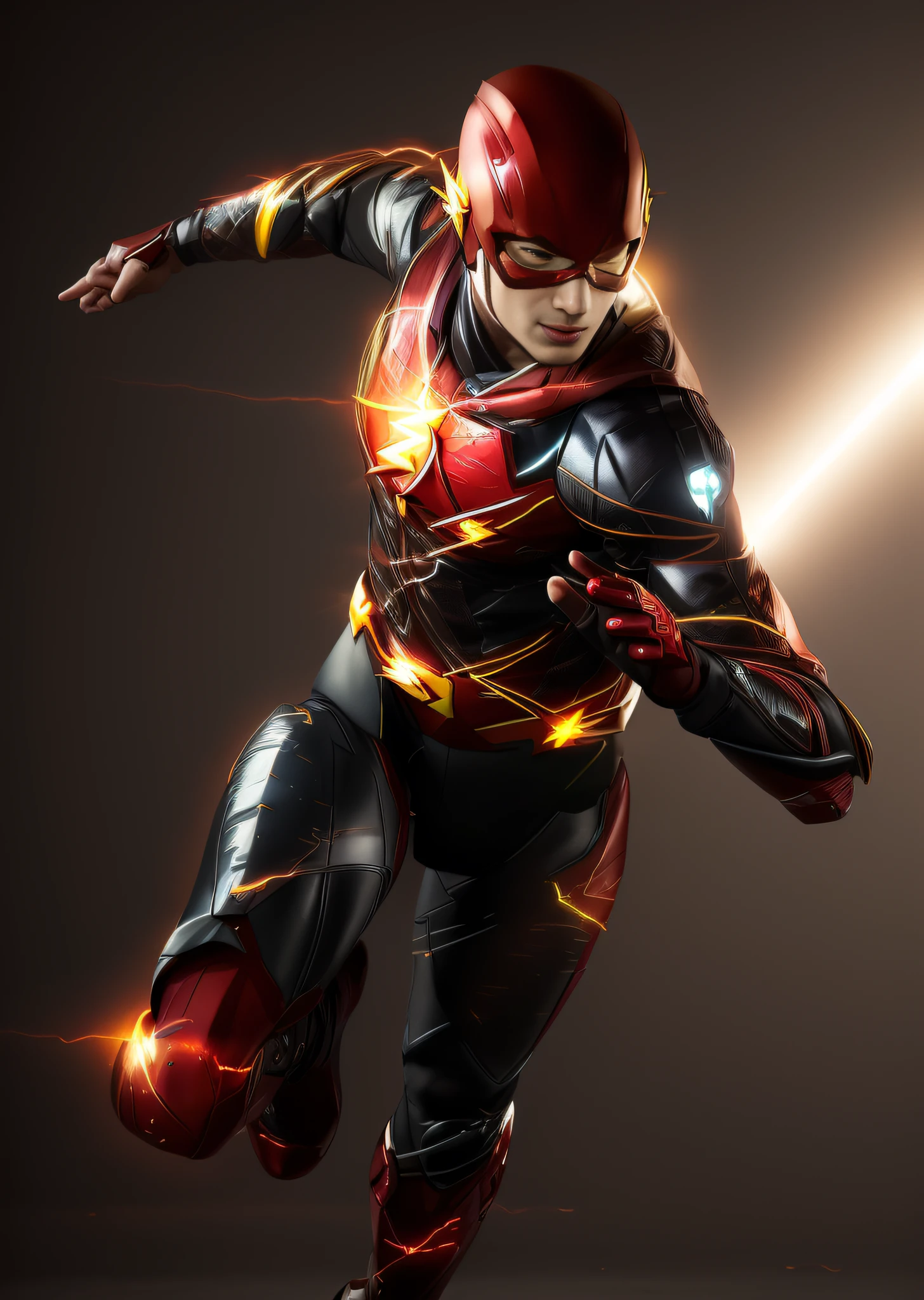 (best quality:1.33), (masterpiece:1.42), (realistic:1.24), (detailed:1.15), , high contrast and dynamic pose, movement,  energy, smoke, mist, wind, energy from body, speed, running toward camera, 
Generate an image of ((Ezra Miller as the Flash :1.2 ))with flashy, (intricate suit:1.3),  eye-catching special effects, like energy blasts or lightning bolts, eating spaghetti at the bar,  in the style of Ross Tran,
professional photoshoot,  action shot, facing camera, cowboy shot,