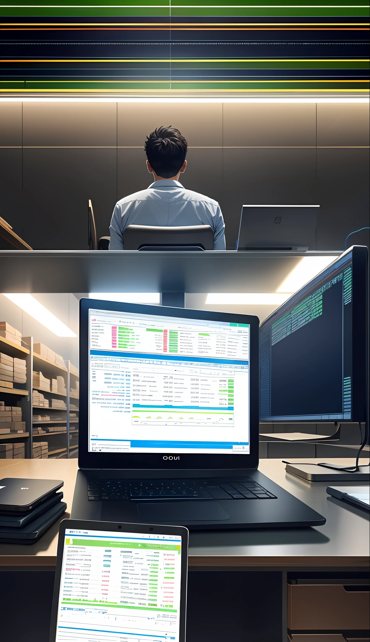 Table with two computer screens in a stock room, showing stock prices and chart to a Wall Street trader who looks closely
