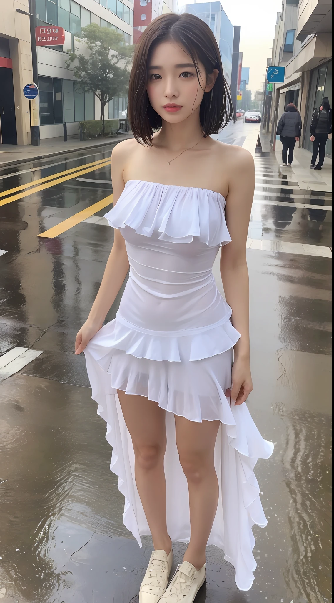 ((Best Quality, 8k, Masterpiece:1.3)), Focus:1.2, Perfect Body Beauty:1.4, Buttocks:1.2, ((Layered Haircut, Breasts:1.1)), (Wet Clothes:1.1), (Rain, Street:1.3), Bandeau Dress: 1.1, Highly Detailed Face and Skin Texture, Fine Eyes, Double Eyelids, Whitening Skin, Long Hair, Delicate Fingers, (Shut Up: 1.3), Full Body