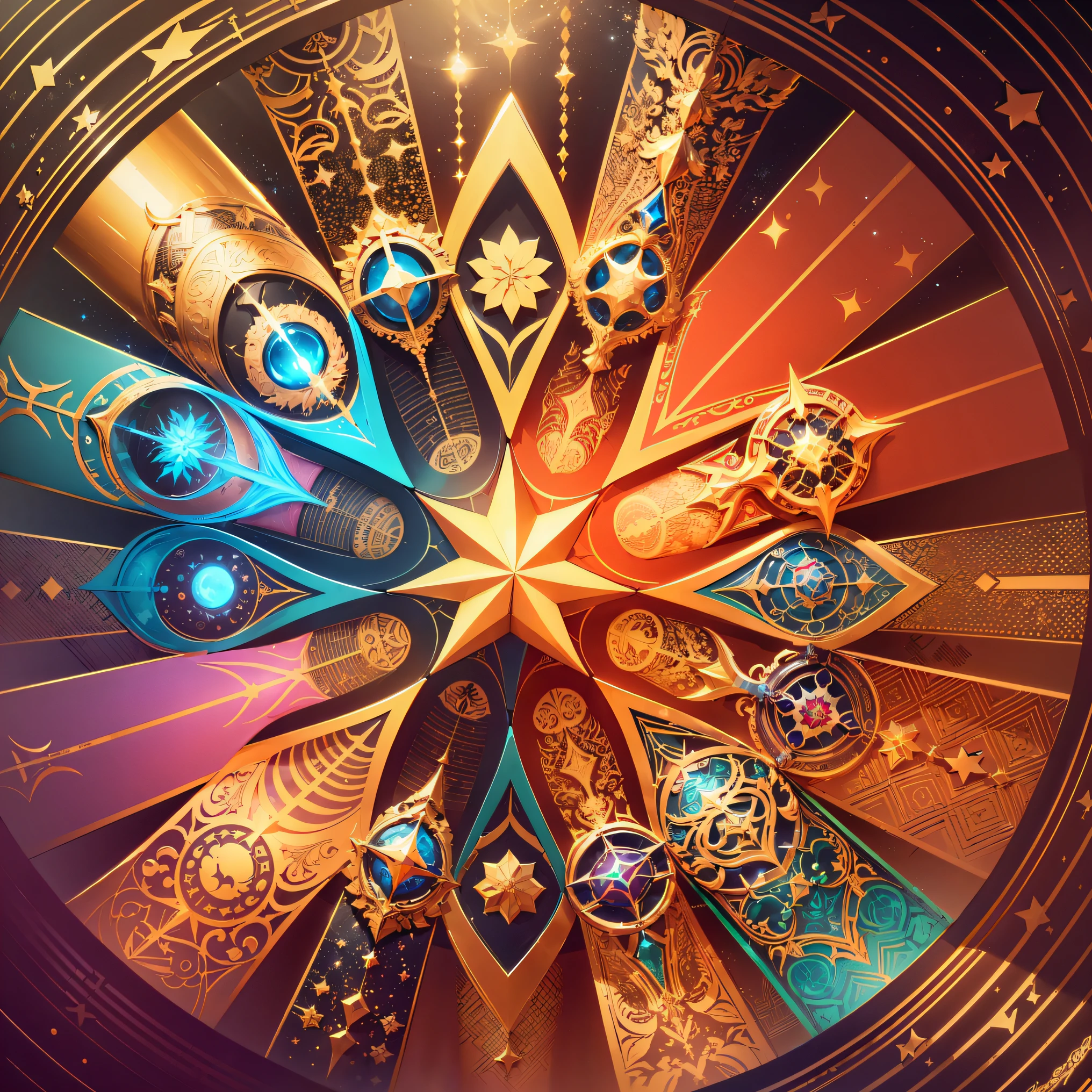 there is a clock with a star on it and many different designs, infinite space clock background, intricate wiccan spectrum, digital illustration radiating, tarot card background, geometry and astrology, ornate gilded cosmic machine, cosmic colorful ultima moongate, complex tarot card background, vivid steampunk concept, abstract occult epic composition, magical glowing time portal, symmetrical tarot illustration