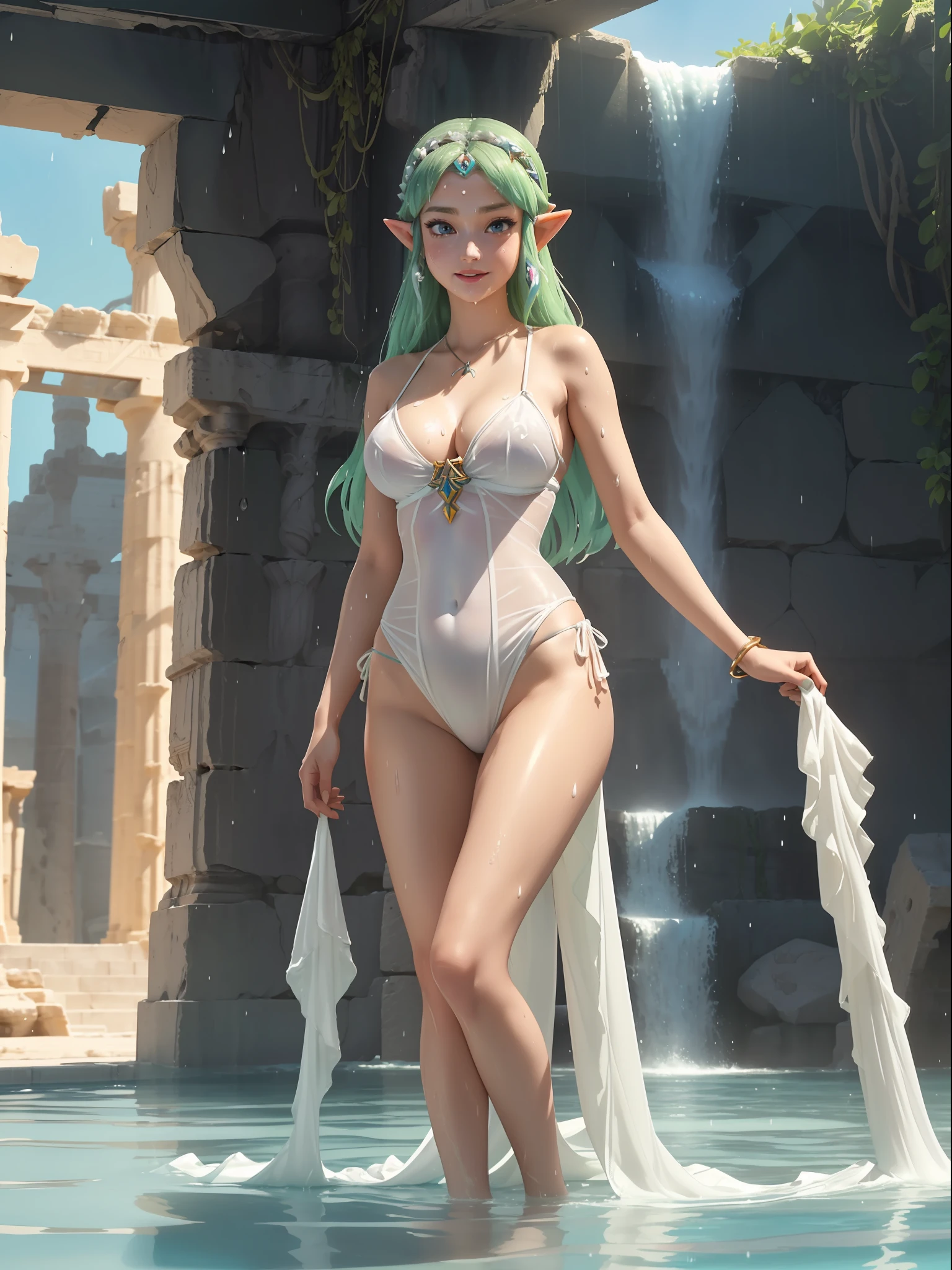 (Full body image:1.4), (Princess Zelda:1.5), (Large breasts:2), (Wearing white silk bathing suit/extremely small/made from silk/extremely transparent:1.5), (looking at viewer/ smiling:1.3), (She is inside the temple of Poseidon in an open area full of waterfalls raining heavily:1.5), (She has short green hair:1.3), (light blue eyes:1.3), (her costume is extremely tight body:1.4), (doing sexy poses while standing:1.2), (body/hair/extremely wet:1.1), (award-winning, UHD, anime, high detail, 16k, high quality, masterpiece)