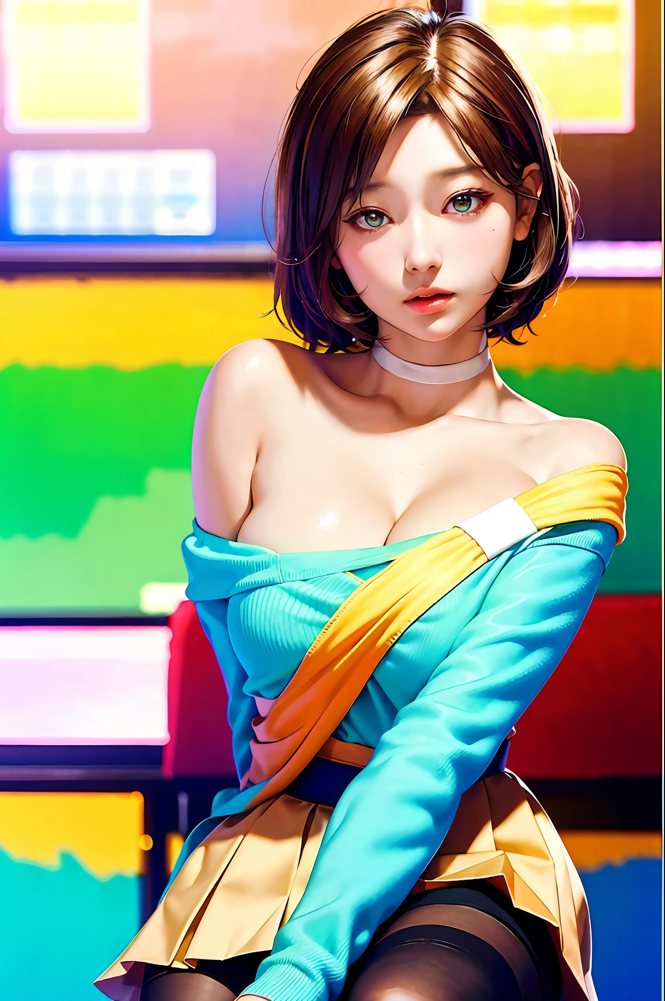 Masterpiece, Best Quality, Ultra Detailed, Illustration, Colorful, Falt Color, Depth of Field, Lens Glow, 1girl, Anime, Seated, Brunette Look, School, Classroom, Pleated Miniskirt, School Uniform, Serafuku, Black Pantyhose, Delicate Skin Texture, Delicate Fabric Texture, Nice and Meticulous Face, Bare Shoulder