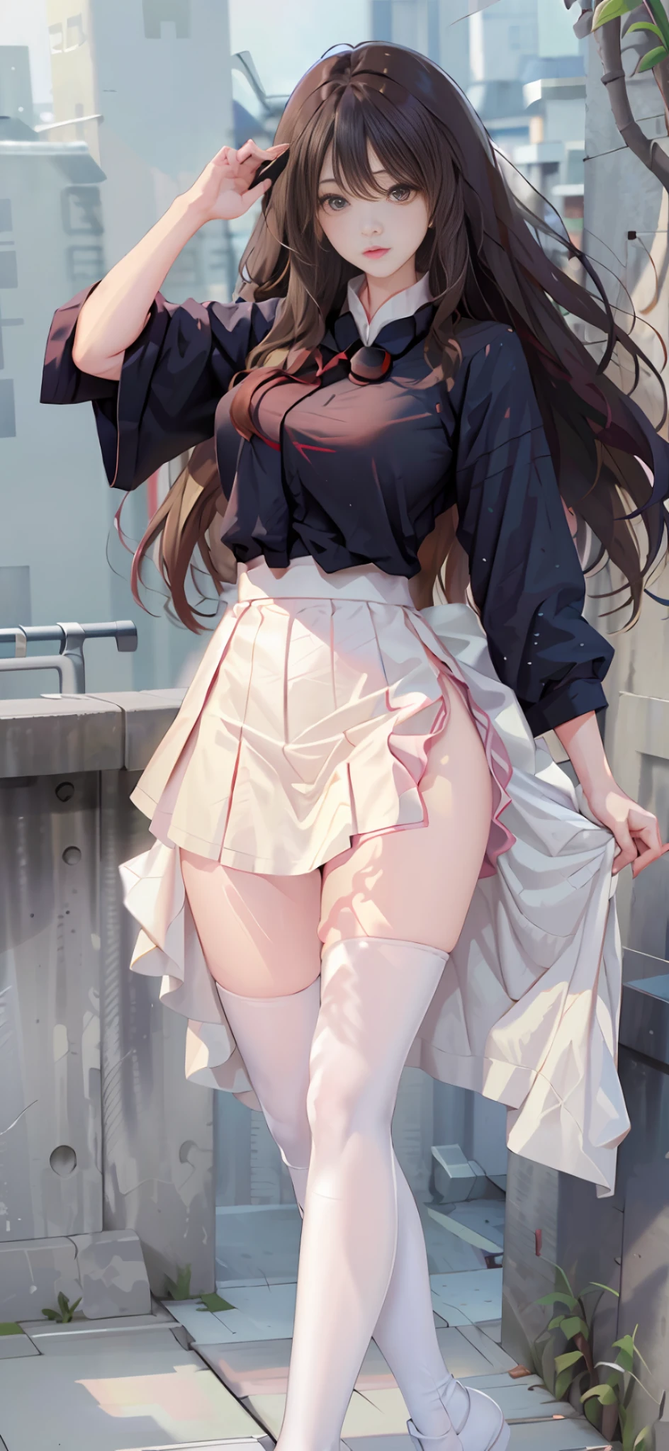 ((masterpiece, best_quality)), 1girl, (真实感:1.4), solo, white_background, black_hair, long_hair, zettai_ryouiki, skirt, ((full_body)),宽臀,细腰