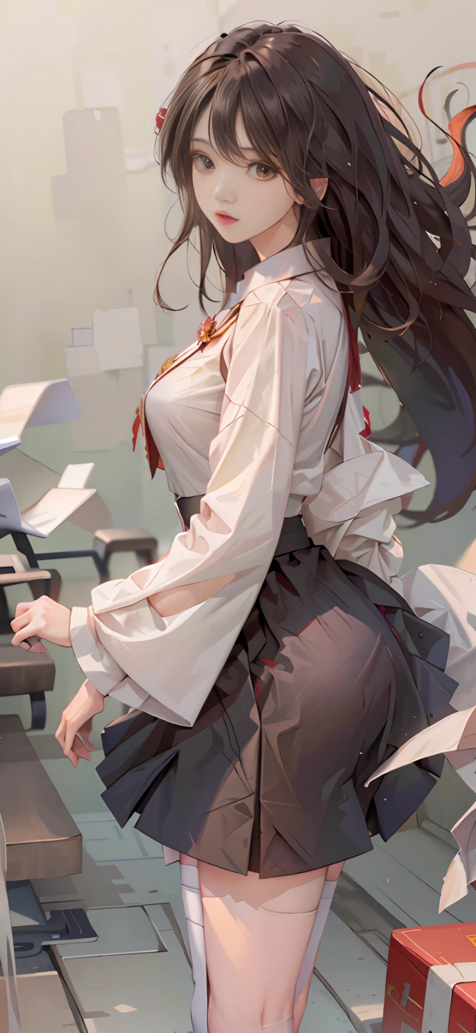 ((masterpiece, best_quality)), 1girl, (真实感:1.4), solo, white_background, black_hair, long_hair, zettai_ryouiki, skirt, ((full_body)),宽臀,细腰