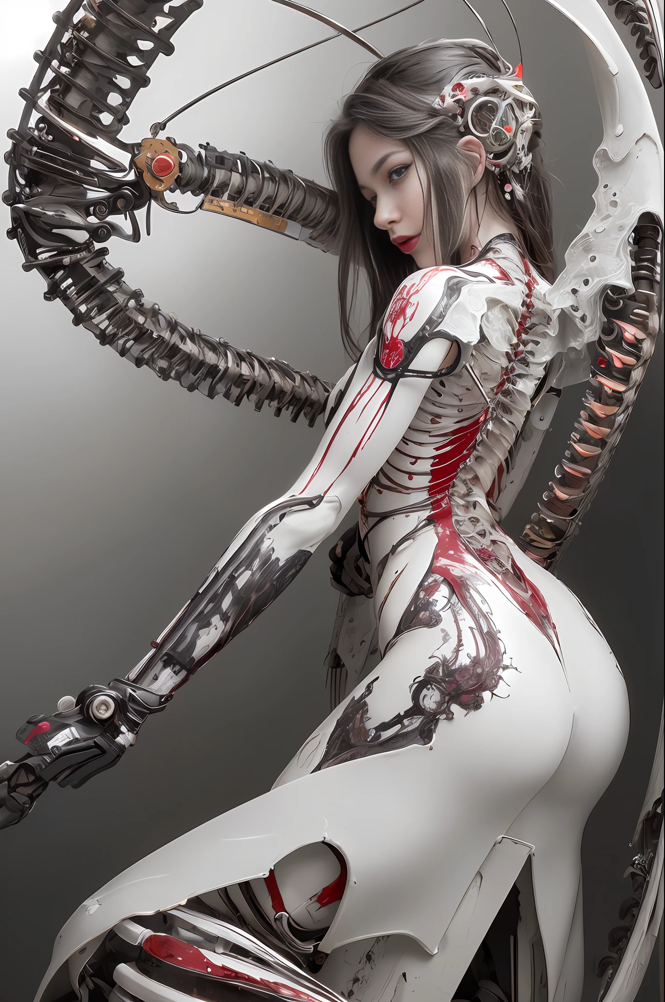 (masterpiece, top quality, best quality, official art, beautiful and aesthetic:1.2), (1girl:1.3), extreme detailed,colorful,highest detailed ((ultra-detailed)), (highly detailed CG illustration), ((an extremely delicate and beautiful)),(from side),cinematic light,((1mechanical girl)),solo,full body,(machine made joints:1.2),((machanical limbs)),(blood vessels connected to tubes),(mechanical vertebra attaching to back),((mechanical cervial attaching to neck)),(sitting),expressionless,(wires and cables attaching to neck:1.2),(wires and cables on head:1.2)(character focus),science fiction,white background,(blood:1.5)