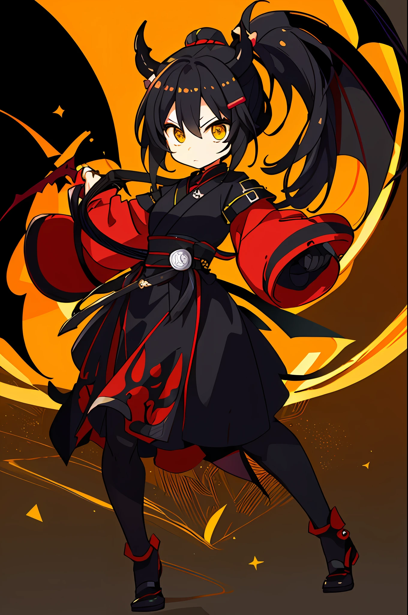 masterpiece, best quality, ultra-detailed, absurdres, colorful, 1girl, solo, yellow eyes, black hair, ponytail, detailed eyes, wide-eyed, eyelashes, looking at viewer, full body, demon horns chibi, bat wings, gradient background, black and red samurai armor, hand up, demon tail, particles, kawaii, spoken heart, (red theme:0.7), hair clips