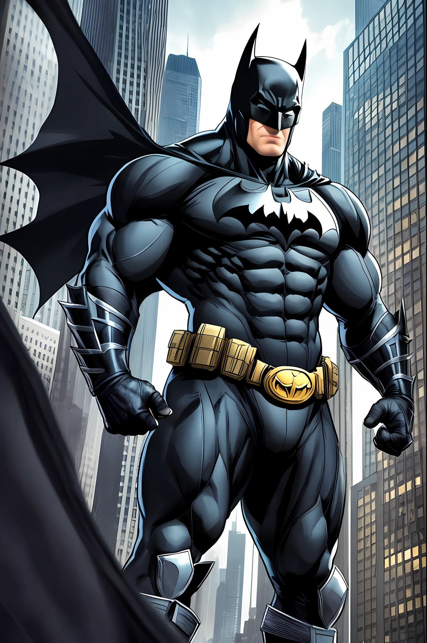 Batman standing on top of a building in Gotham city, muscular, tall, macho, manly, hunk, black suit and black cowl, black long cape, straight face, detailed suit, detailed face, comic book, center subject focus