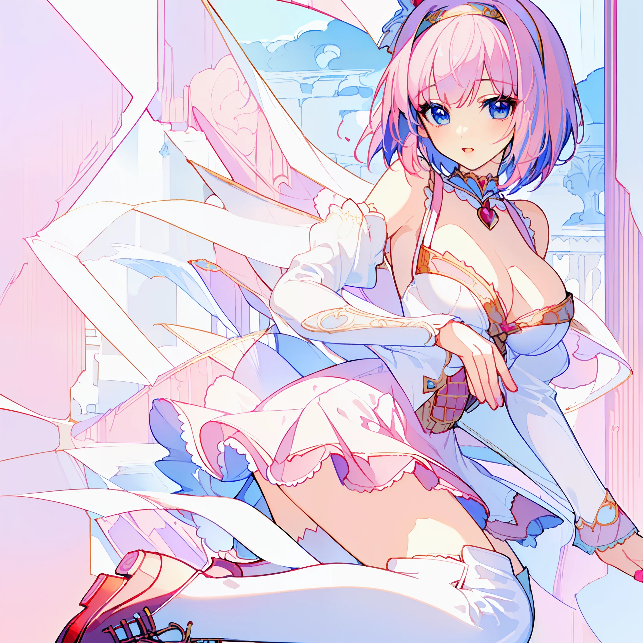 18 year old beautiful girl, ((((Masterpiece)))), ((Best quality)))), ((((Very detailed))), detailed fingers, illustration, 1 girl, Solo, Sae eyes, Blue eyes, Pink bob cut, Shoulder out, Wide open chest, Red mini skirt, pink knee socks, White long boots, Large breasts, Royal Elegant Pose, YUI