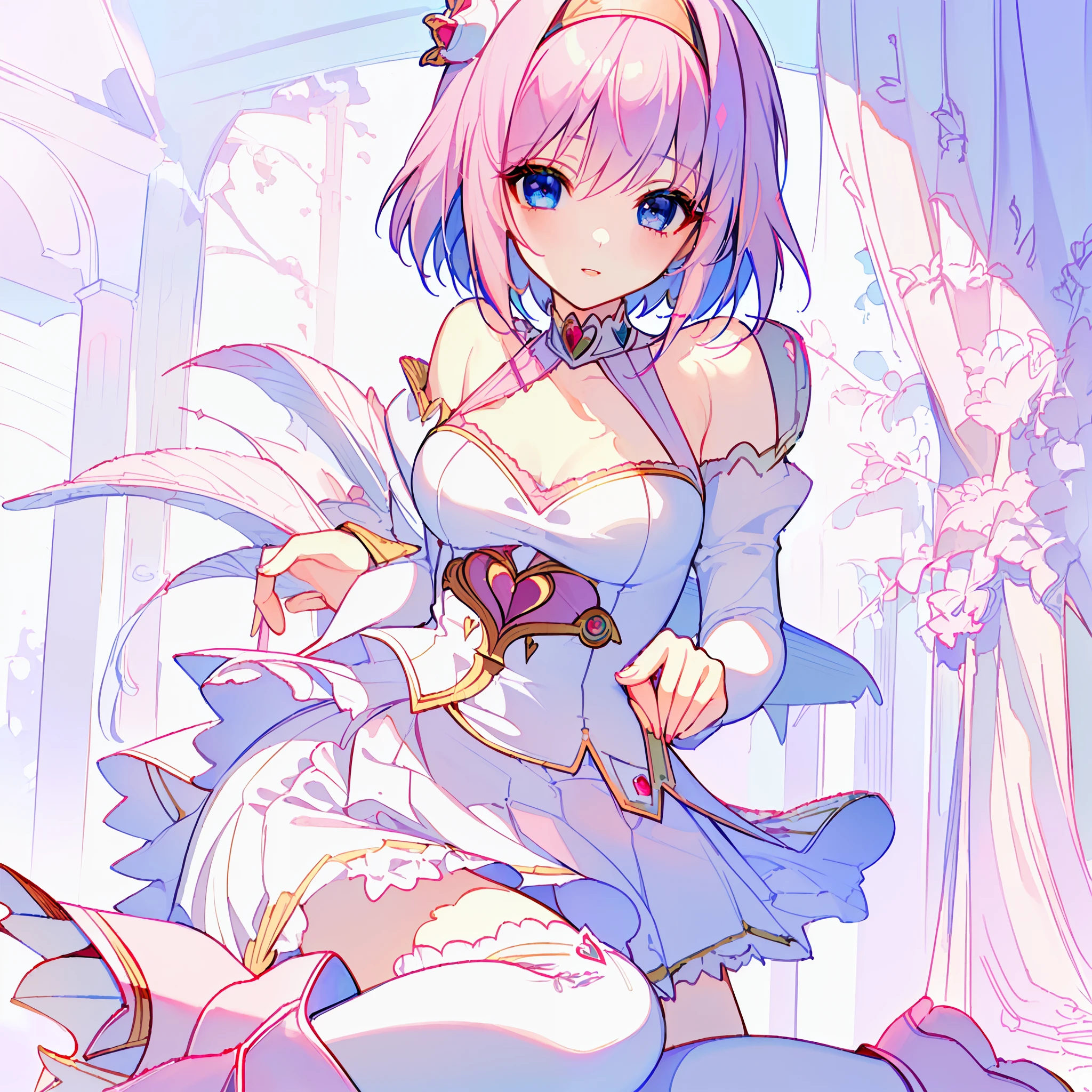 18 year old beautiful girl, ((((Masterpiece)))), ((Best quality)))), ((((Very detailed))), detailed fingers, illustration, 1 girl, Solo, Sae eyes, Blue eyes, Pink bob cut, Shoulder out, Wide open chest, Red mini skirt, pink knee socks, White long boots, Large breasts, Royal Elegant Pose, YUI