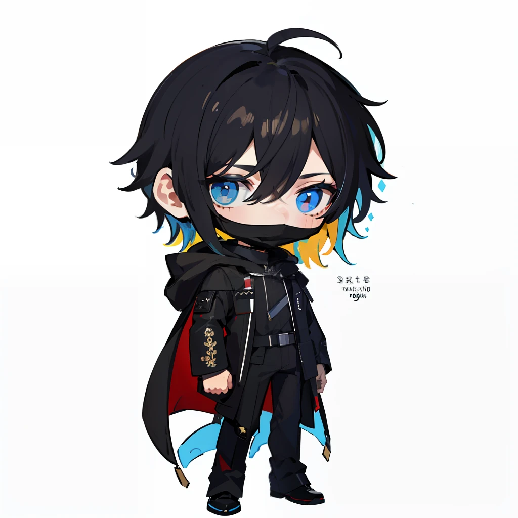 1boy, (Chibi:1.4), man, cute, adorable, cool, full body, color illustration,(black mask:1.2), black hood, (hooded:1.2), simple attire, black attire, white background, plain background, (best quality, masterpiece:1.2), (intricate details:1.2)