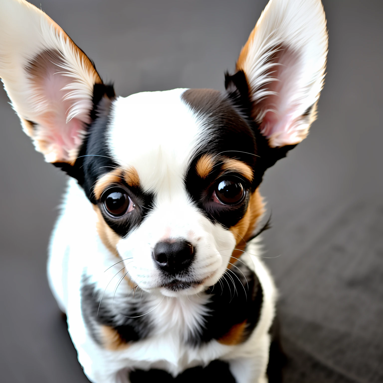 White and black and brown and gray Chihuahua