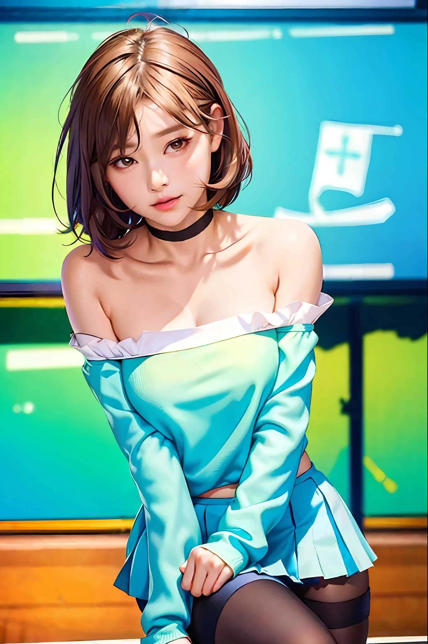 Masterpiece, Best Quality, Ultra Detailed, Illustration, Colorful, Falt Color, Depth of Field, Lens Glow, 1girl, Anime, Seated, Brunette Look, School, Classroom, Pleated Miniskirt, School Uniform, Serafuku, Black Pantyhose, Delicate Skin Texture, Delicate Fabric Texture, Nice and Meticulous Face, Bare Shoulder