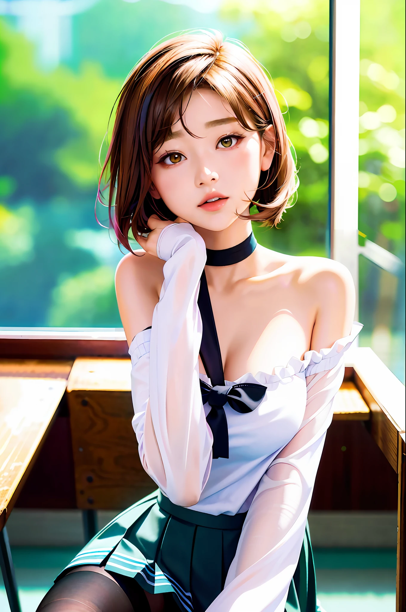 Masterpiece, Best Quality, Ultra Detailed, Illustration, Colorful, Falt Color, Depth of Field, Lens Glow, 1girl, Anime, Seated, Brunette Look, School, Classroom, Pleated Miniskirt, School Uniform, Serafuku, Black Pantyhose, Delicate Skin Texture, Delicate Fabric Texture, Nice and Meticulous Face, Bare Shoulder