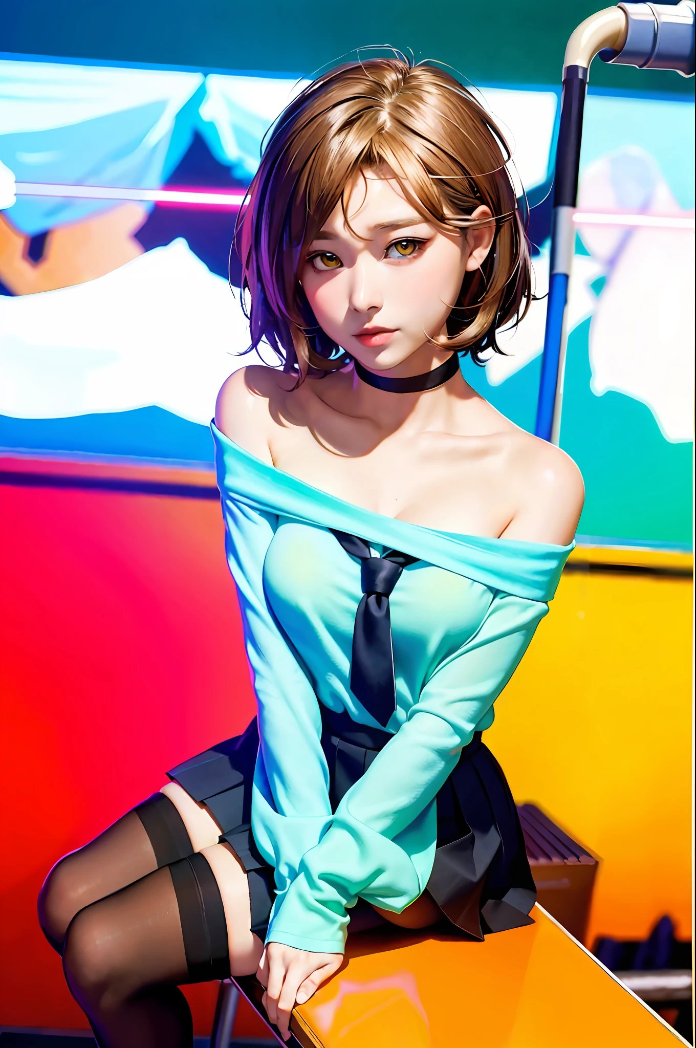 Masterpiece, Best Quality, Ultra Detailed, Illustration, Colorful, Falt Color, Depth of Field, Lens Glow, 1girl, Anime, Seated, Brunette Look, School, Classroom, Pleated Miniskirt, School Uniform, Serafuku, Black Pantyhose, Delicate Skin Texture, Delicate Fabric Texture, Nice and Meticulous Face, Bare Shoulder