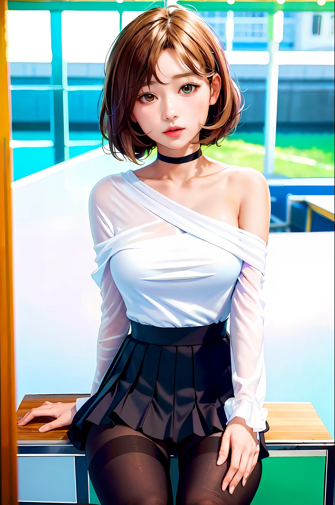 Masterpiece, Best Quality, Ultra Detailed, Illustration, Colorful, Falt Color, Depth of Field, Lens Glow, 1girl, Anime, Seated, Brunette Look, School, Classroom, Pleated Miniskirt, School Uniform, Serafuku, Black Pantyhose, Delicate Skin Texture, Delicate Fabric Texture, Nice and Meticulous Face, Bare Shoulder