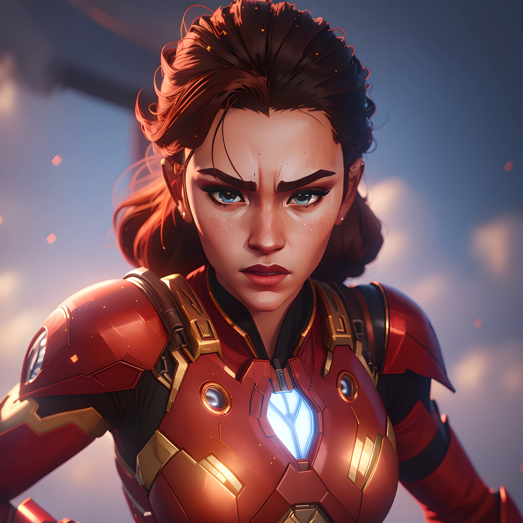 (extremely detailed CG unity 8k wallpaper,masterpiece, best quality, ultra-detailed),dynamic angle and pose, Excellent quality, detailed and realistic image of a beautiful woman in Iron Man suit, bright lighting, costume detail and stunning face, unreal engine 5