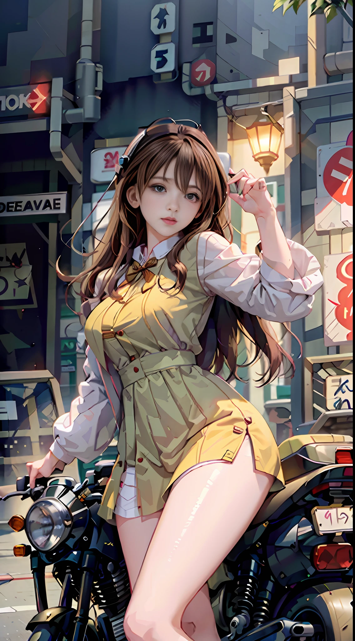 Highest quality, outstanding details, super high resolution, (fidelity: 1.4), the best illustration, favor details, highly condensed 1girl, with a delicate and beautiful face, dressed in mecha, wearing a mecha helmet, holding a direction controller, riding on a motorcycle, the background is a high-tech lighting scene of the future city, stockings, fishnet socks