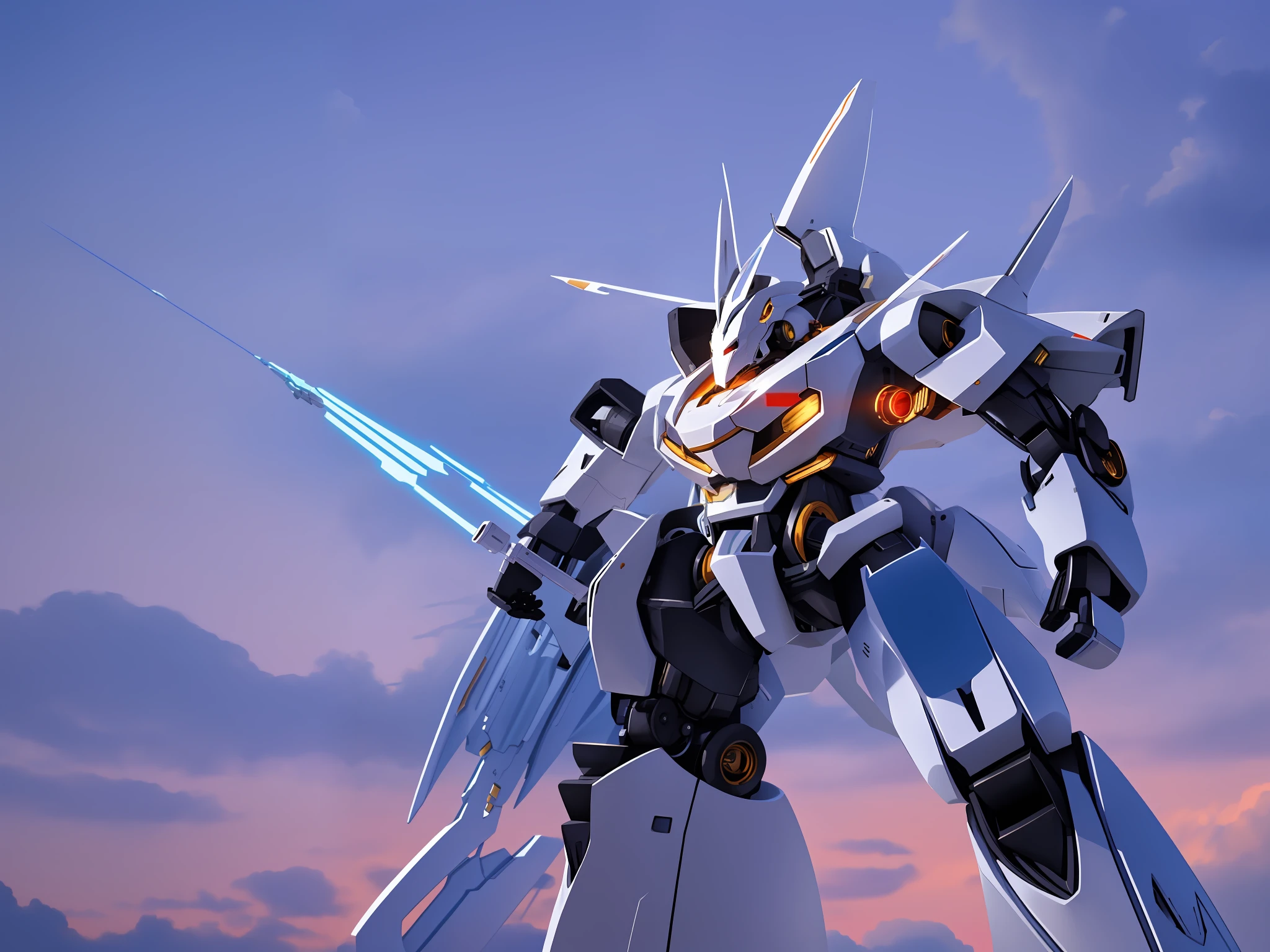 Photo collection rendering, background is destroyed city, sunny sky, blue sky and white clouds, masterpiece, highest quality, anime large mecha robot, justice anime 8K, white mecha, mecha anime, modern mecha anime, anime robot with organic mix, mecha warrior, best anime 4K, extreme rendering,