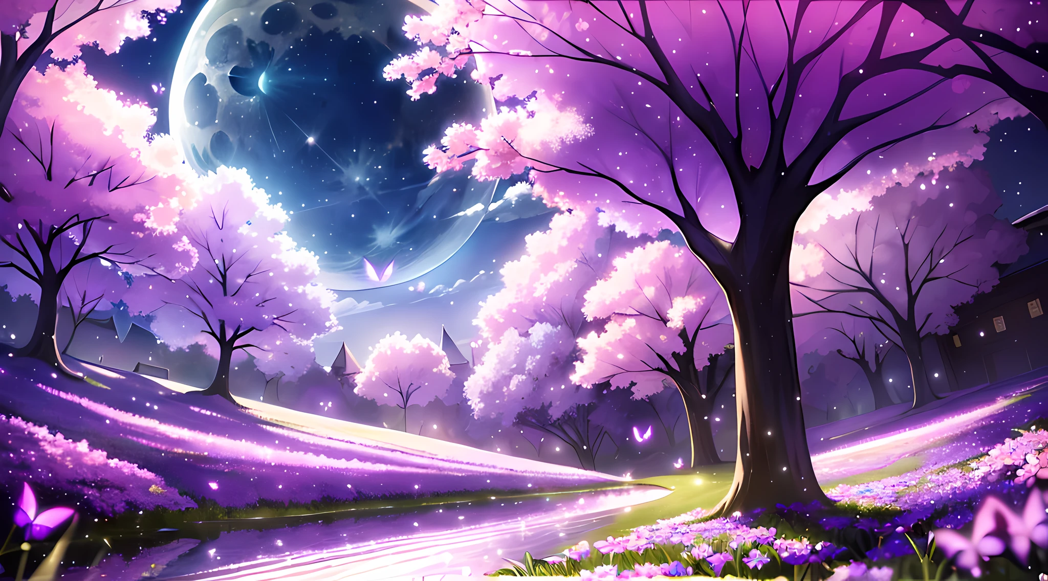 (masterpiece, reflections, atmospheric lighting, dynamic lighting), best quality, pitch black dark night. Moon, grass field, dark void flowers. purple butterflies, overhanging glowing purple sakura tree