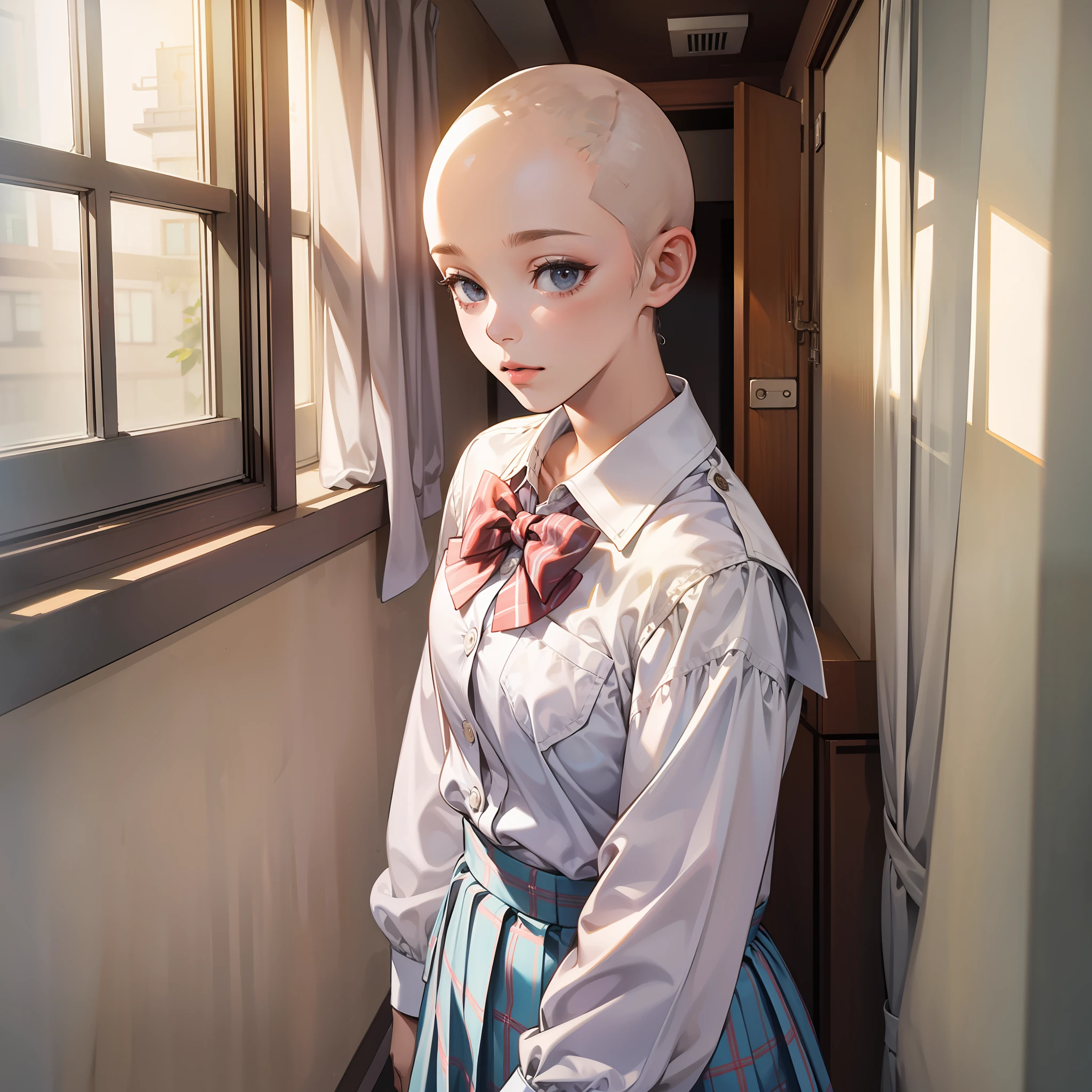 A girl, bald headed, white school uniform, bow tie, standing in the school dormitory, looking out the window, getting out of bed