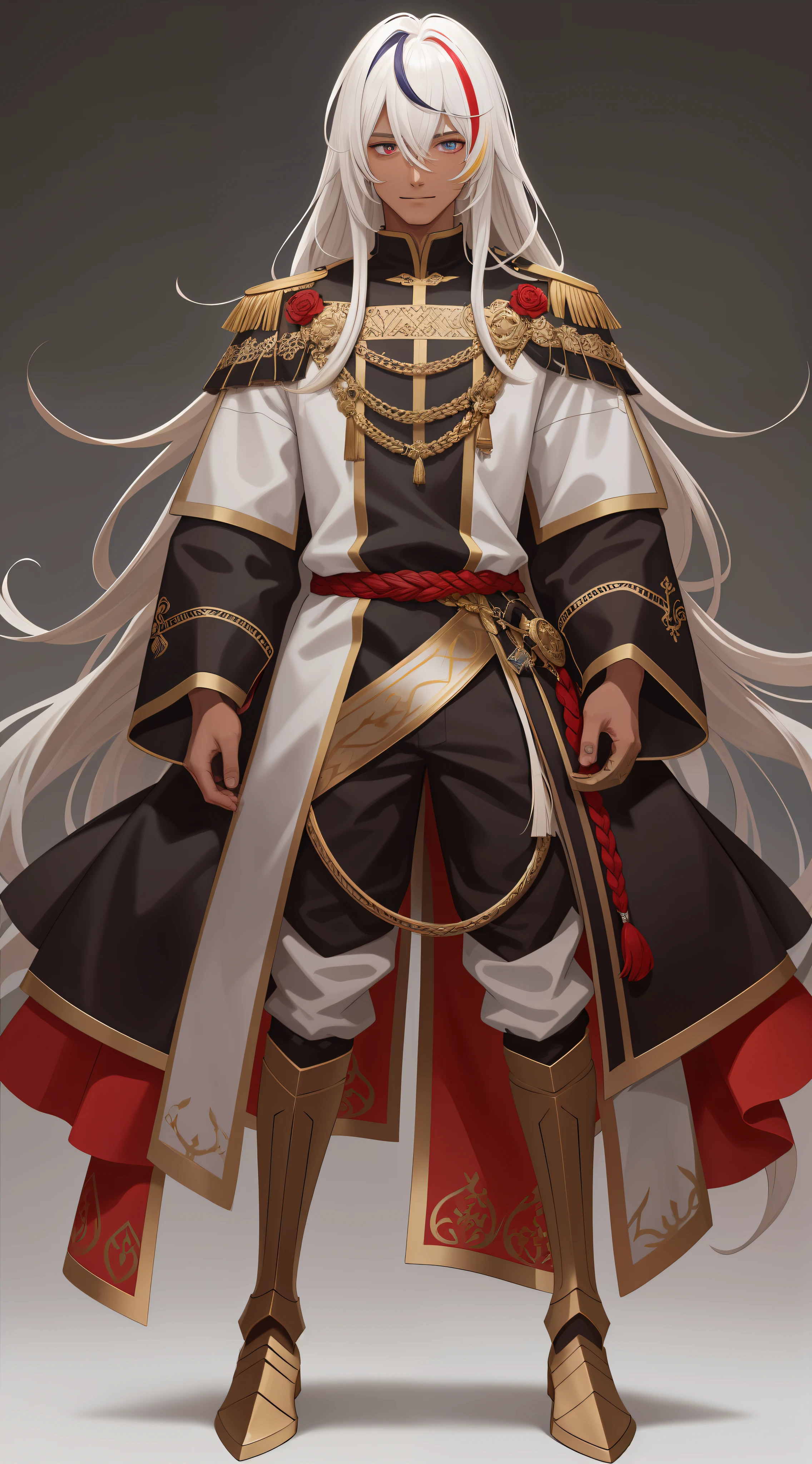 Full body, look straight, {{{man,man,man}}, long hair, {curly}, asymmetrical bangs, single blade, blonde hair, gradient hair, molten metal-like hair, evil smile, intricate details beautiful and delicate eyes, {heterochromic}, {{dark skinned_male}}, {red clothing}, white_background, white_background , white_background,((super detailed)),(masterpiece), highest quality,(illustration),(full length view)))), ((transparent background)),(solo),standing,(wearing boots on feet), {{wearing the uniform of a medieval European knight}},[pants],good young man,beautiful detailed eyes,serious face,good looking,,{{glaze}},{{hair shine}},(( Very delicate and beautiful)),Make the same shape and color on both sides,,White background,((ultra-detailed)),best quality,[masterpiece],(1 man),solo,((full body)),(wearing shoes on feet),masterpiece,high zuality, a young man,((good looking)), streaked hair,bangs,hair,ornament,multicolored hair,streaked hair,ahoge,complex cloth, arms at sides,((good looking)),(upright),standing,virtual youtuber,young man,[[ blush]],concept art, solo,1 young man,((full length)),wearing boots,((looking at biewer)),((View front)),white background,simple background,,(uselessness),young man, beautiful detailed eyes, (good looking),((an extremely delicate and beautiful)),make the eyes the same shape and color on both sideswhole body, view straight on, {{guy,man,male}}, {long hair}, {curly hair}, asymmetrical bangs, single braid, blonde hair, {gradient hair}, messy long hair, ahoge, evil smile, complex details beautiful and delicate eyes, {heterochromic}, {dark-skinned_male} , red Clothes, white_background, white_background, white_background,
