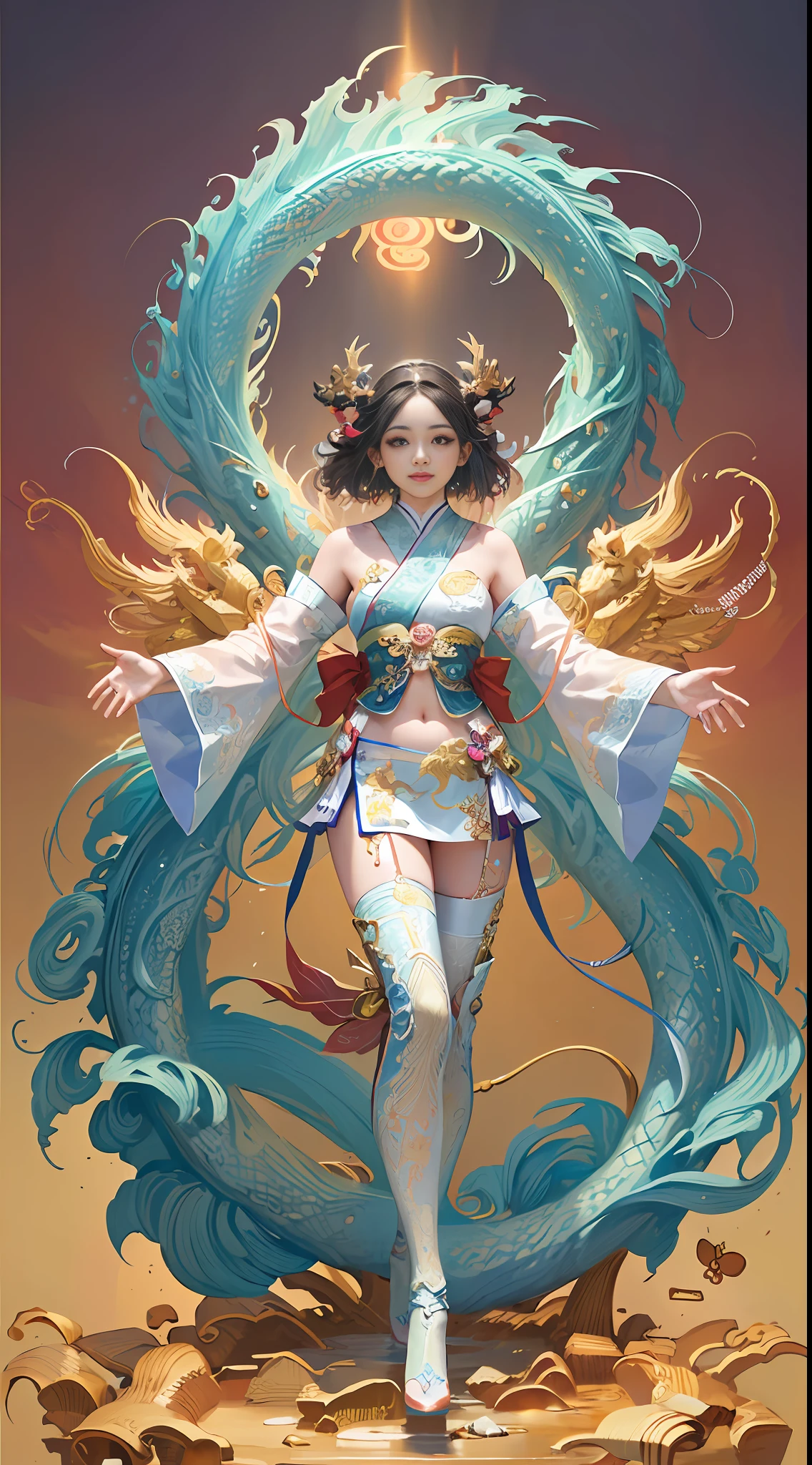 Official Art, Unified 8K Wallpapers, Ultra Detailed, Beautiful and Aesthetic, Masterpiece, Best Quality, (Zentangle, Tangle, Entangle), (fractal art: 1.4), (character center: 1.3), 1girl, black hair, Chinese, off-the-shoulders, short skirt, calf, navel, very detailed, dynamic angle, cowboyshot, (most beautiful form of chaos), ethereal, (bright colors), oc, (half: 1.2), china, (thangka flying sky: 1.5), (ribbon: 1.3), (dream: 1.5), (hanfu: 1.5), Chinese dragon, Chinese phoenix, (smile: 0.5), ( Chinese deities),