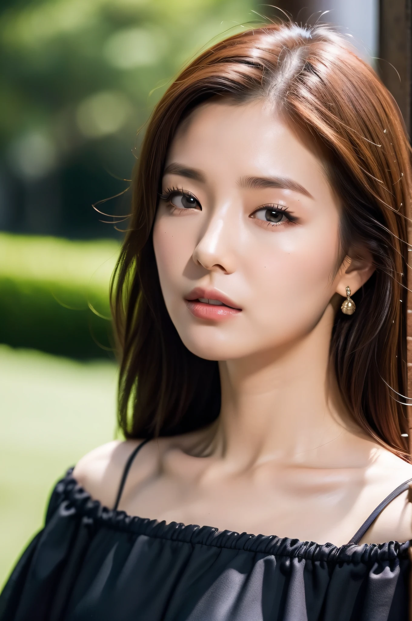 ((Top Quality, 8K, Masterpiece: 1.3)), Sharp Focus: 1.2, (cute woman: 1.0), (Beautiful woman with slender abs: 1.0), (Shiny Skin: 1.0), Realistic Photo, Black Hair, Realistic Pupil, Movie Lighting, Highly Detailed Eyes and Face, Movie Lighting, medium Cleavage, (cowboy shot: 1.0) , off-shoulder blouse