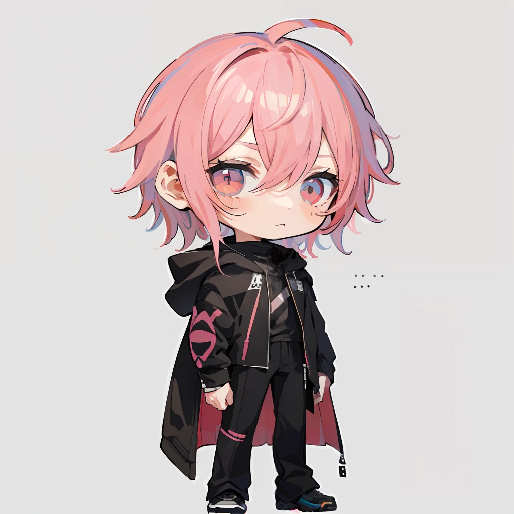1boy, (Chibi:1.4), man, cute, adorable,cool, full body, color illustration,(pink hair:1.2),(black mask:1.2),black hood,(wearing hood:1.2)simple outfit,black outfit,white background,plain background,(best quality, masterpiece:1.2), (intricate details:1.2)