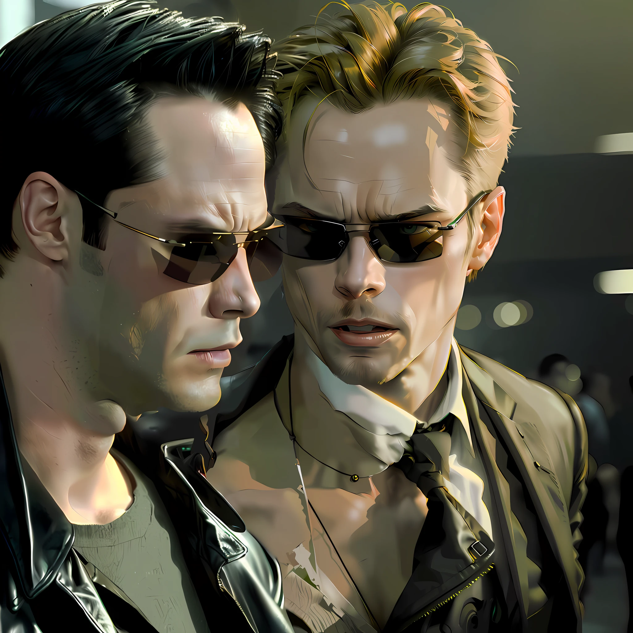 ((best quality)), ((masterpiece)), (detailed) fan art of (neo from the matix) head, ((neo from matrix face)) looking away, keanu reaves, the matrix (1999), sunglasses, night, 80mm, ((western animation)), (neo the matrix (1999)), (short hair), (tokyo street nights), ((back of the head)), ((profile))