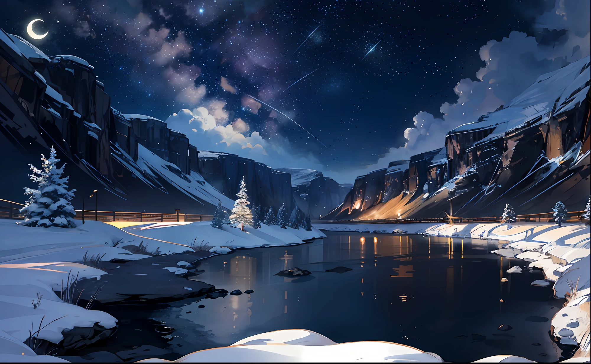 A painting of a river with stars and moon in the sky, concept art inspired by Tosa Mitsuoki, pixiv contest winner, best quality, fantasy art, beautiful anime scene, a bright moon, moonlit starry environment, dream painting, Anime Background Art, milky way, Fantasy Landscape Art, Fantasy Night, Anime Background, Background Artwork, Fantastic Art, Atmospheric Anime, Starry Sky, Detail Enhanced.