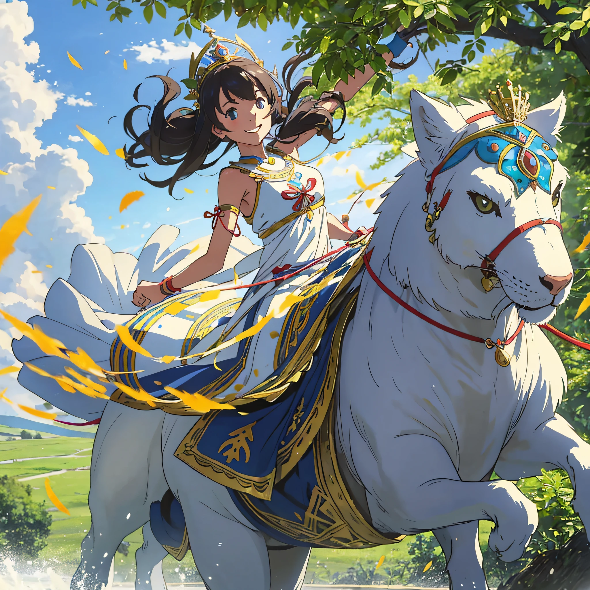 A happy looking girl dressed as a priestess running through the summer meadow riding a big cat with the reins on it. Jump over puddles, angle of ground thread,