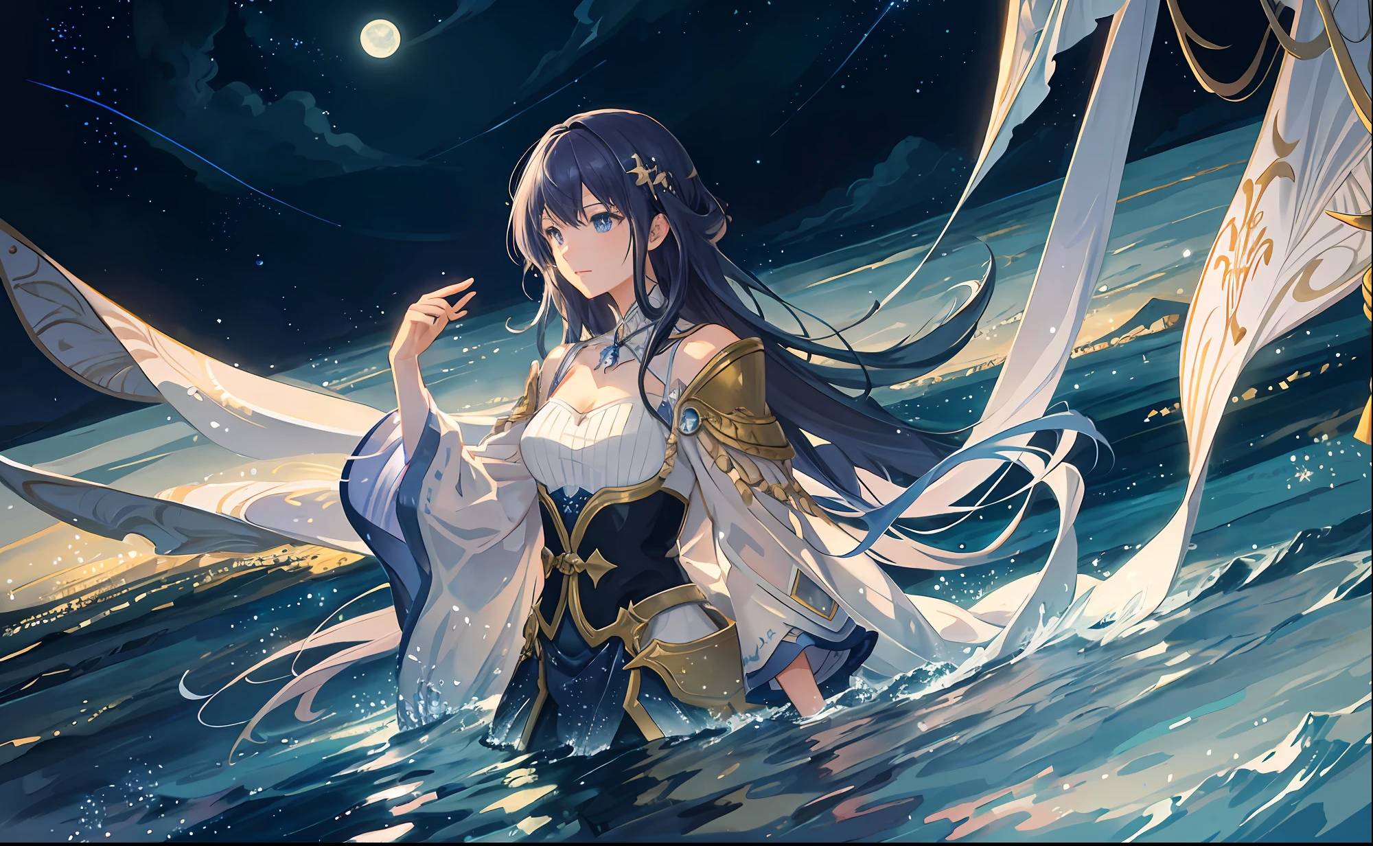 A painting of a river with stars and moon in the sky, concept art inspired by Tosa Mitsuoki, pixiv contest winner, best quality, fantasy art, beautiful anime scene, a bright moon, moonlit starry environment, dream painting, Anime Background Art, milky way, Fantasy Landscape Art, Fantasy Night, Anime Background, Background Artwork, Fantastic Art, Atmospheric Anime, Starry Sky, Detail Enhanced.