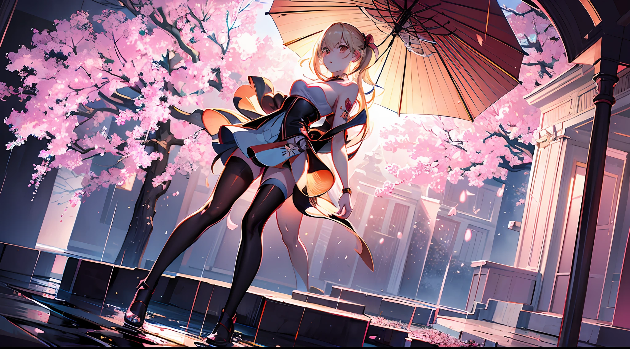 1girl, fireworks, nighttime, cherry blossom, rain, blonde ponytail, fullbody
