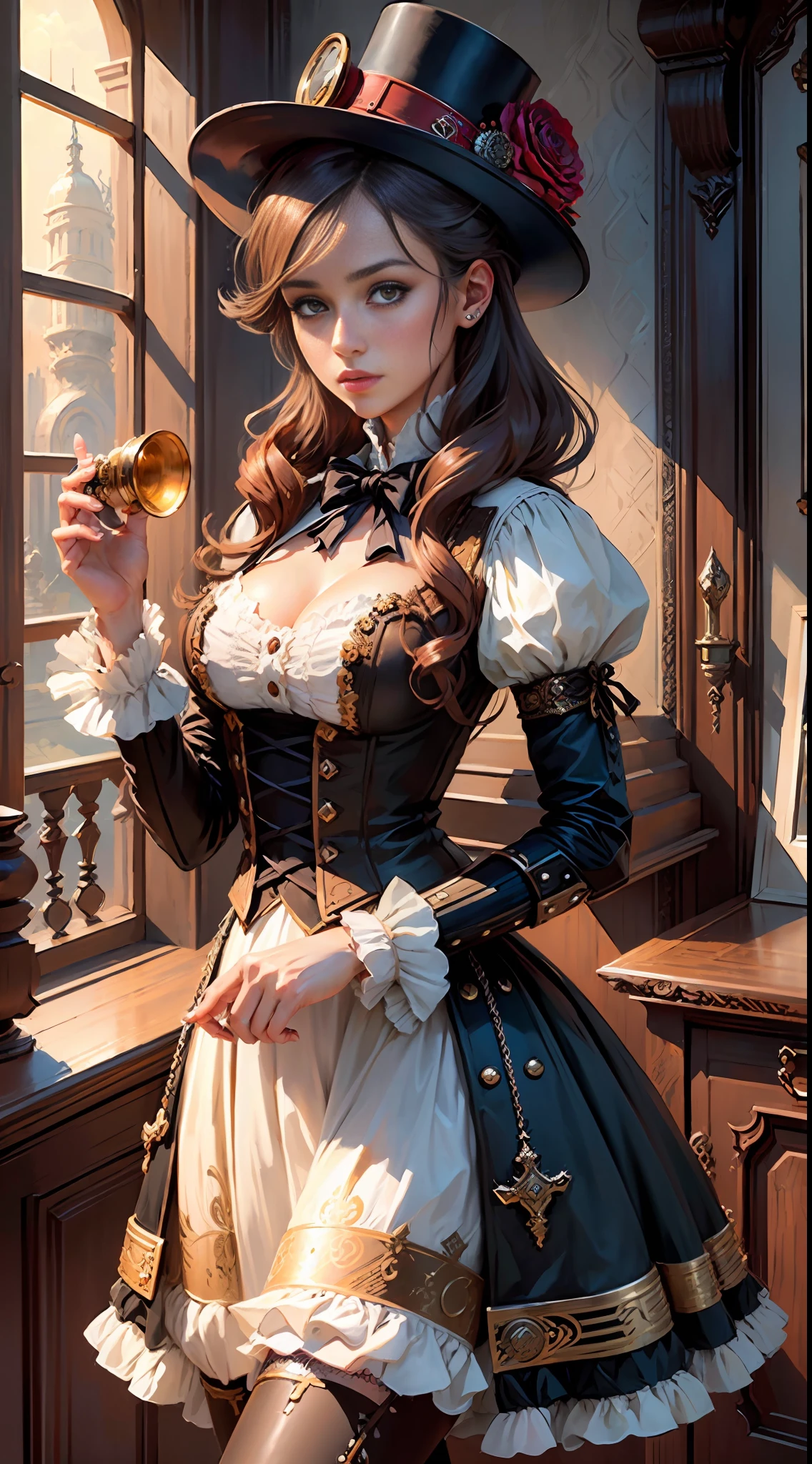 "((Masterpiece of Art, Top Quality, Best Quality, Official Artwork, Extremely Beautiful: 1.2), (A Girl: 1.3), Steampunk, (Extremely Detailed: 1.1), High Saturation, Rich Colors)"