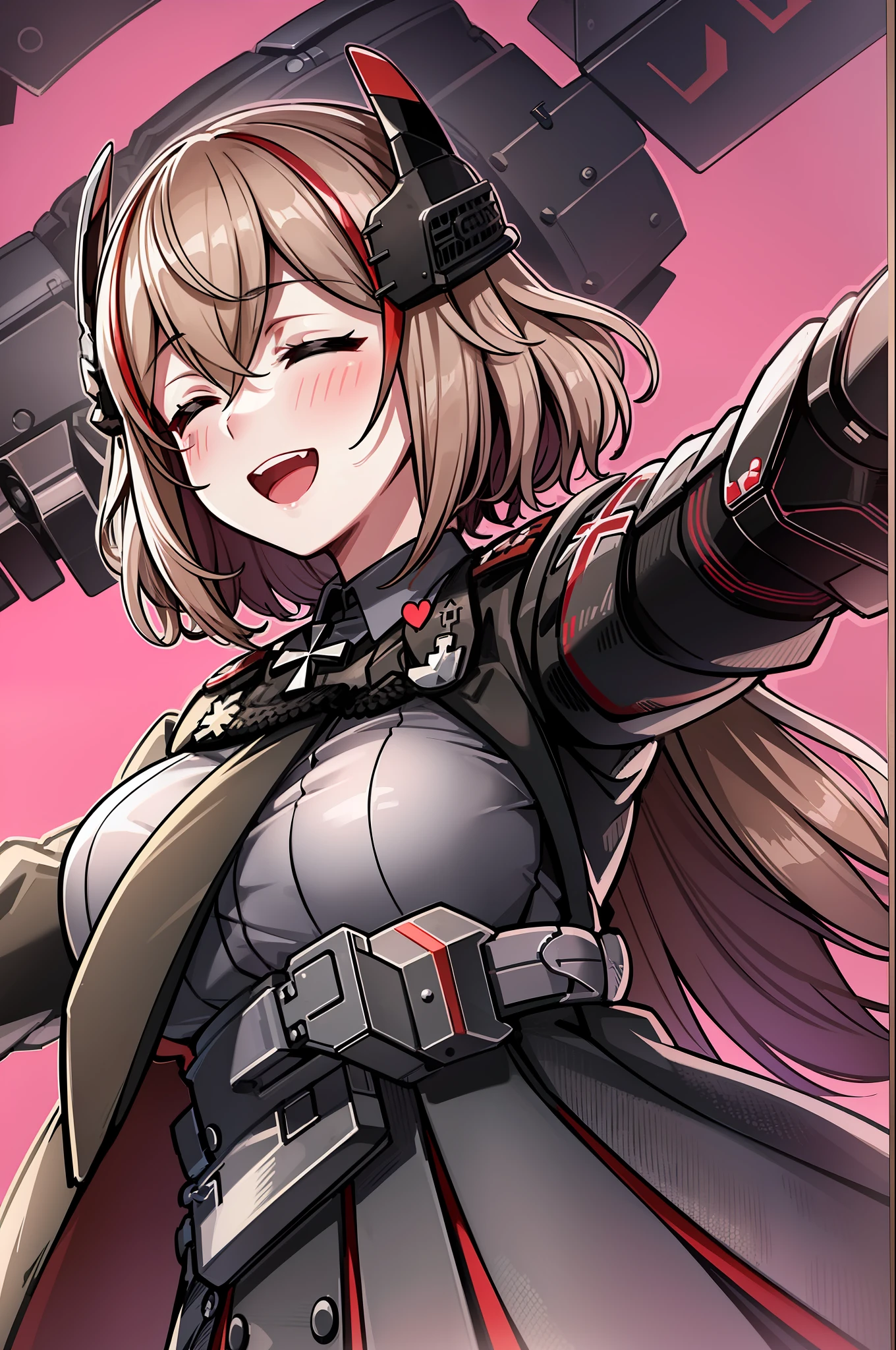 masterpiece, best quality, RoonV4, 1girl, solo, blush, smile, open mouth, simple background, shirt, long sleeves, white background, jacket, closed eyes, upper body, heart, black jacket, headgear, outstretched arms, cross, reaching towards viewer, iron cross