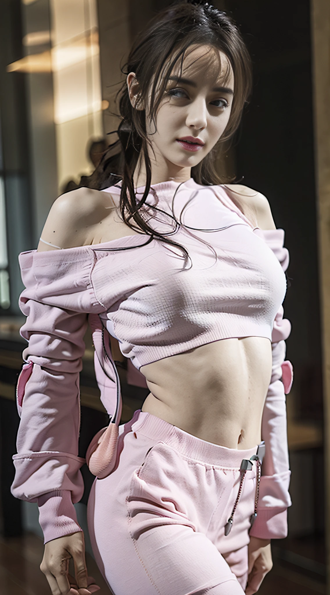 (1girl:1.3), solo, __body-parts__, pink sweater, off-the-shoulder, sexy, cleavage, blue sports stripe t-shirt, pink sweatpants, café, huge file size, 8k, high resolution,
