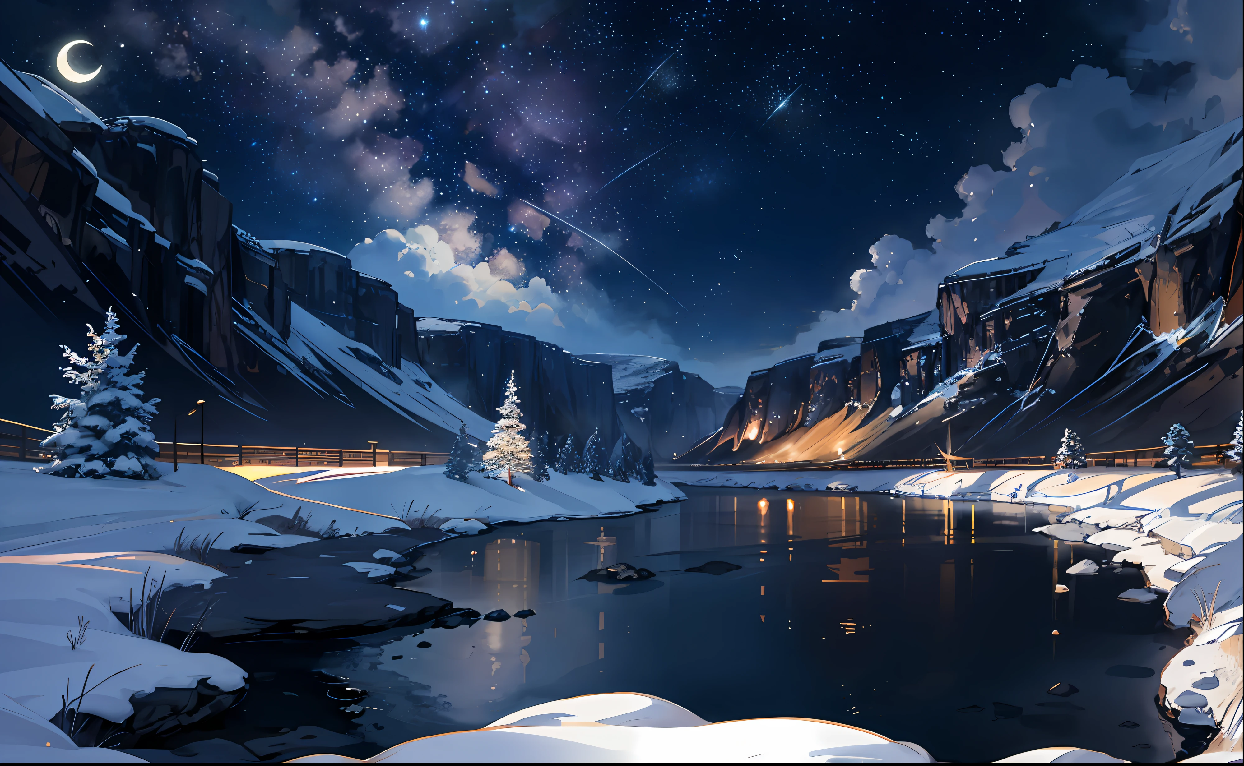 A painting of a river with stars and moon in the sky, concept art inspired by Tosa Mitsuoki, pixiv contest winner, best quality, fantasy art, beautiful anime scene, a bright moon, moonlit starry environment, dream painting, Anime Background Art, milky way, Fantasy Landscape Art, Fantasy Night, Anime Background, Background Artwork, Fantastic Art, Atmospheric Anime, Starry Sky, Detail Enhanced.