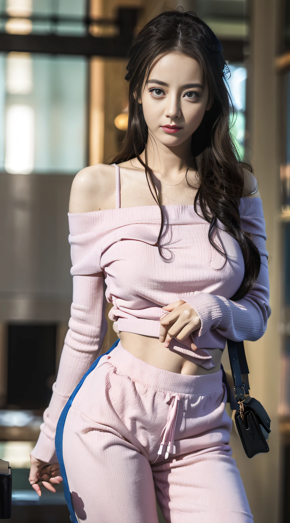 (1girl:1.3), solo, __body-parts__, pink sweater, off-the-shoulder, sexy, cleavage, blue sports stripe t-shirt, pink sweatpants, café, huge file size, 8k, high resolution,