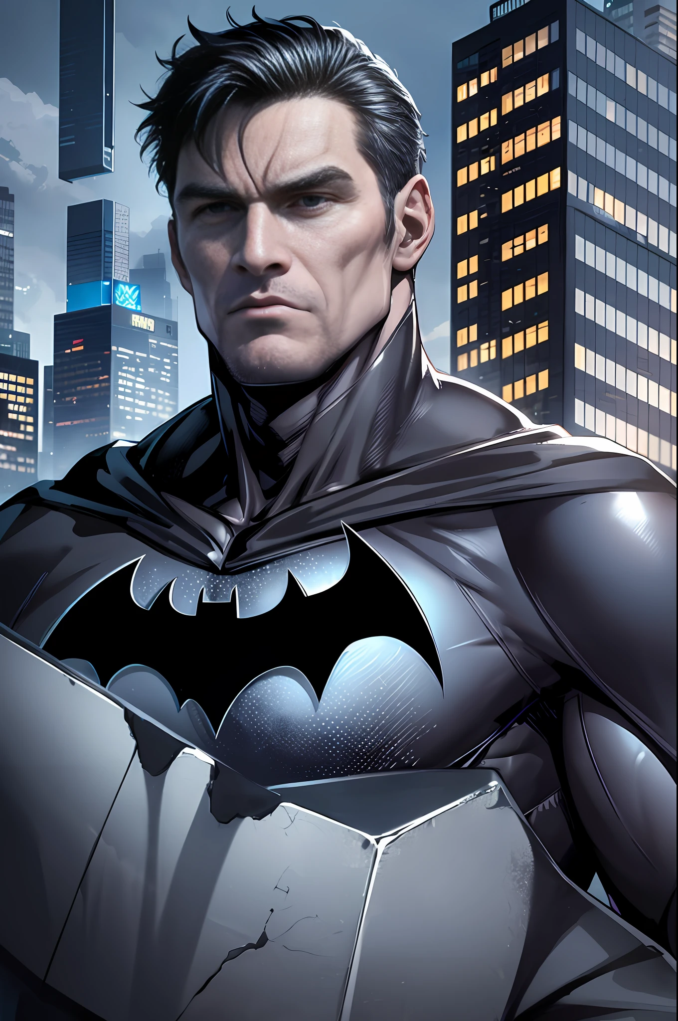 Batman standing on top of a building in Gotham city, muscular, tall, macho, manly, hunk, black suit and black cowl, black long cape, straight face, detailed suit, detailed face, comic book, center subject focus