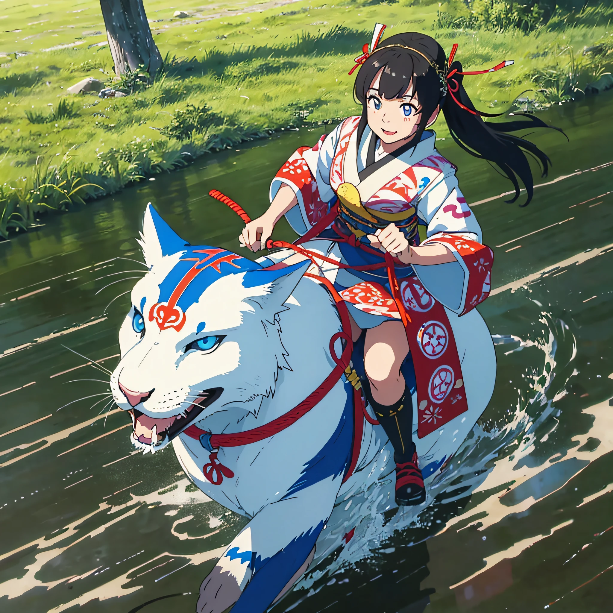 A fun-looking girl dressed as a Japan priestess running through the summer meadow riding a big cat with the reins pulling the reins. Jump over puddles, angle of ground thread,