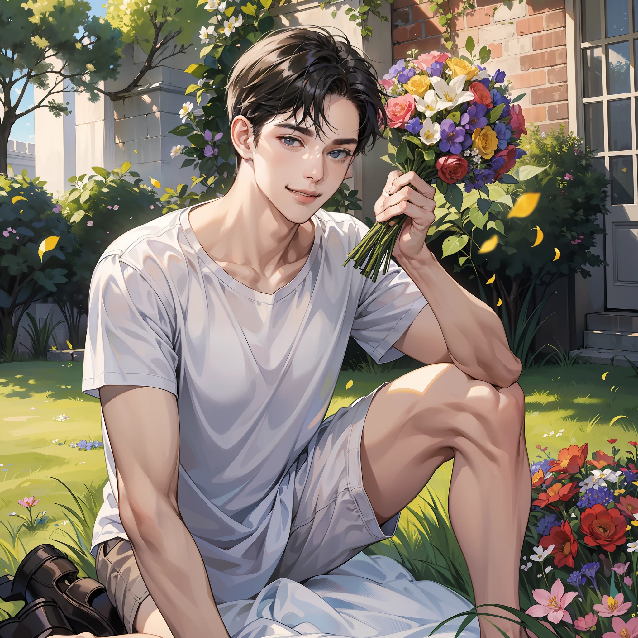 Masterpiece, high quality, best quality, HD, realistic, perfect lighting, detailed face, detailed body, 1 man, short black hair, white T-shirt, (smile emoji: 1.5) (happy face: 1.5), kneeling on one knee, holding a bouquet of flowers, on the lawn, downstairs in the dormitory
