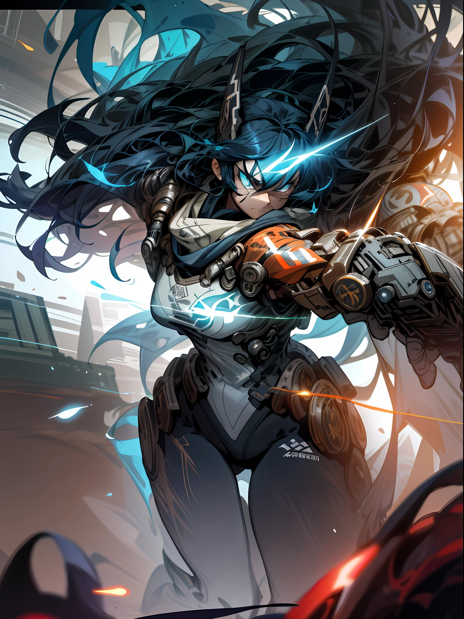 background, mixed-language_text, Japanese graffiti letters, a warrior nulher with long black hair cascading down her back. His eyes are a deep shade of amber, which shine with intensity when he is in battle. She possesses an athletic and slender appearance, with a confident and determined posture. Her skin has a light tan tone, evidencing her strength and endurance, woman fighting with alien creature full of mechanical tentacles, with immersive effects, hover effect, graphite style background with vibrant colors "hdr ultra" detailed and with focus effect, sticker art, freedom, soul, digital illustration, comic style, centered, approaching perfection, dynamic, highly detailed, watercolor painting, artstation, concept art, smooth, sharp focus, illustration, art by carne griffiths and ,alone anime, centered, approaching perfection, drawing style illustrator, anime style, body with futuristic tribal tattoo style designs in dragon shape, serious face and ultra detailed artwork, graffiti style destroyed city scenery with camera focus,