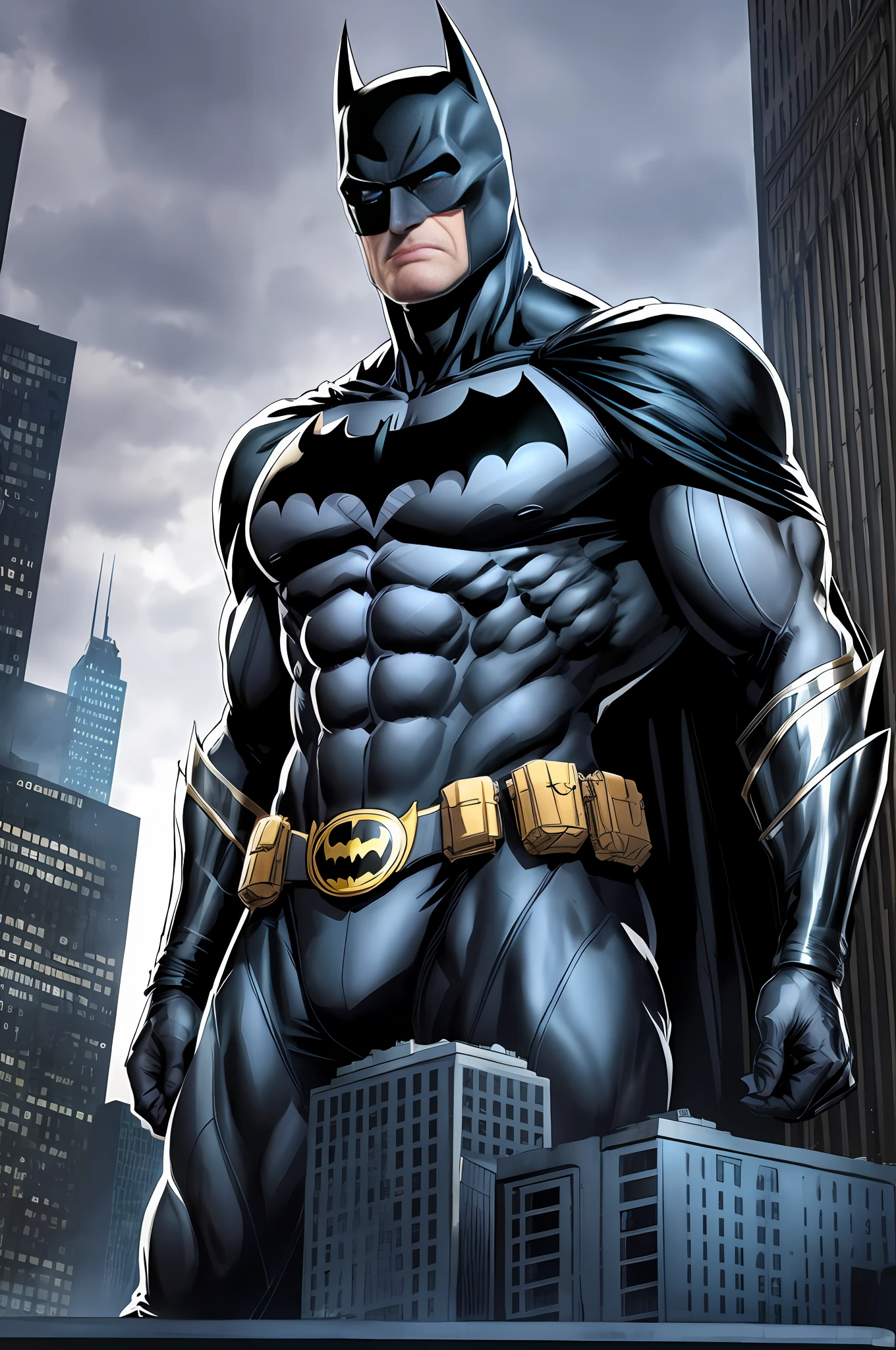Batman standing on top of a building in Gotham city, muscular, tall, macho, manly, hunk, black suit and black cowl, black long cape, straight face, detailed suit, detailed face, comic book, center subject focus