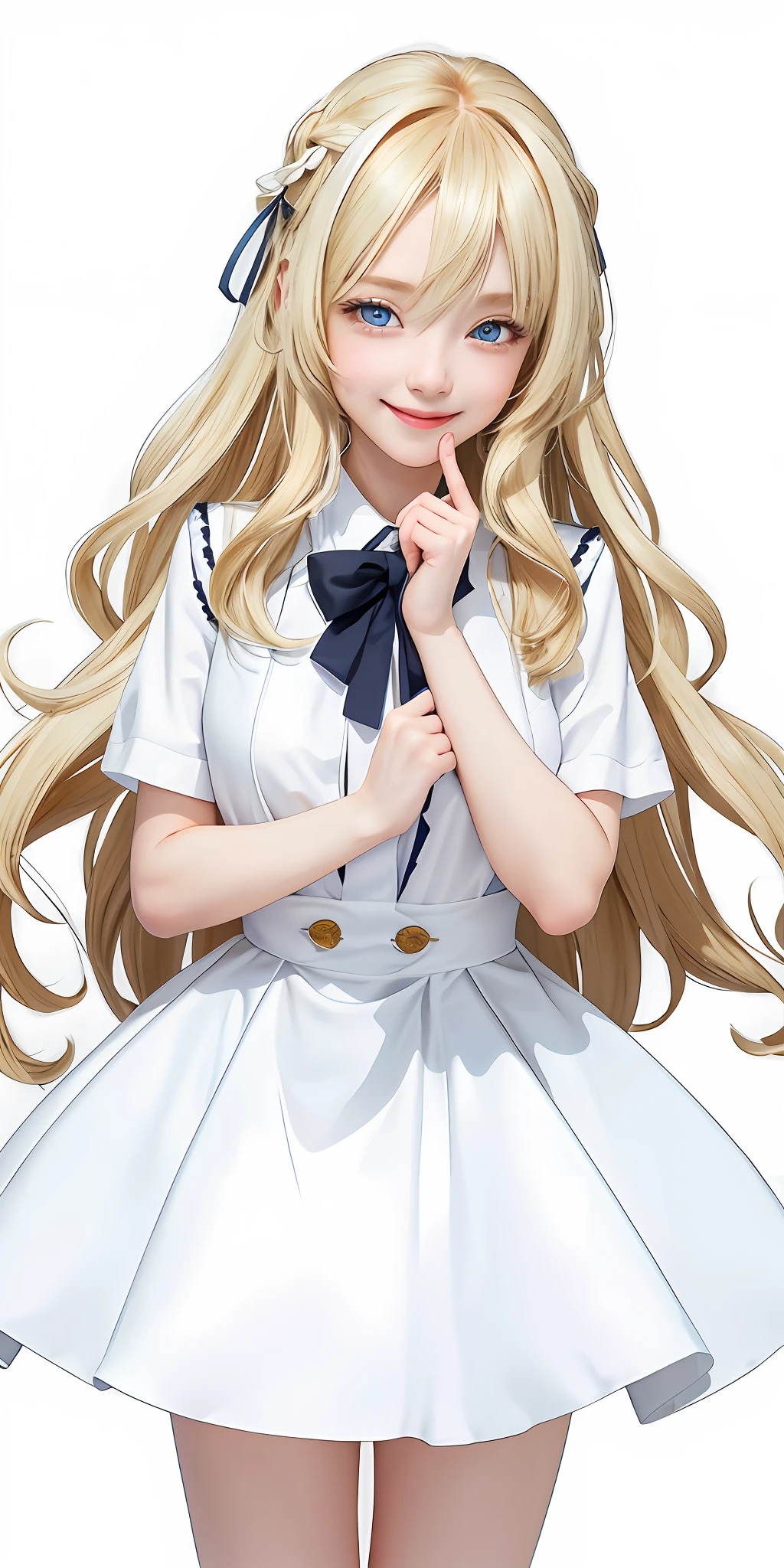 Cinematic Lighting, Realistic Lighting, Girl with Long Hair and White Dress, Blonde Girl with Long Hair, Long Haired Girl, Cute Girl Visual, Official Character Art, Official Art, Beautiful High School Girl, (Adult Girl), (Mature), Official Artwork, Dress, Black Bow, Blue Stripe, Official Illustration, Female Anime Characters, Red Nails, Bangs, (((Smile)), (Pout), Blue Eyes, Reality, Live Action, White Room