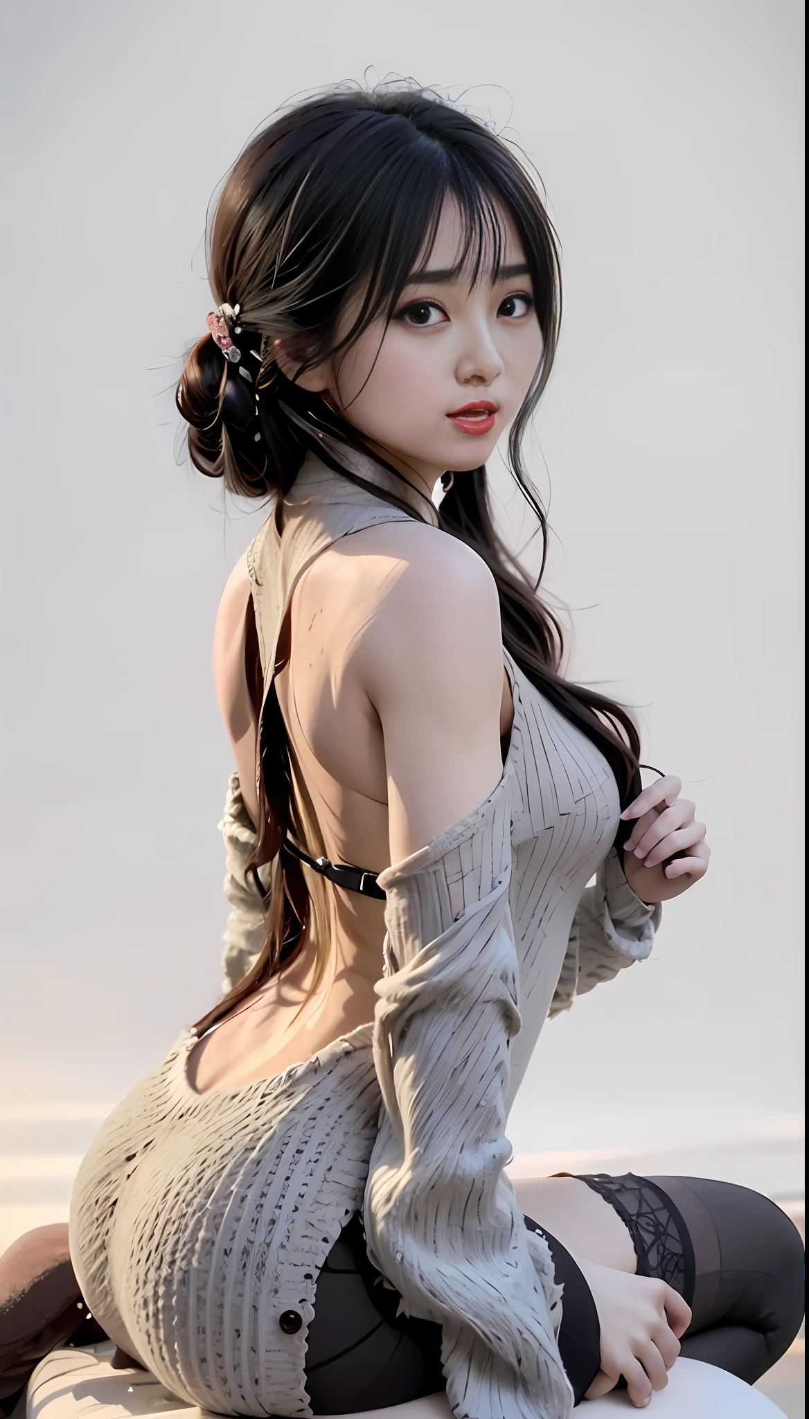 araffe asian woman in a gray sweater and black stockings, korean girl, gorgeous young korean woman, beautiful young korean woman, korean women's fashion model, beautiful south korean woman, korean woman, cute elegant pose, gorgeous chinese model, attractive pose, by Russell Dongjun Lu, beautiful asian girl, trending on cgstation, beautiful asian woman, chinese girl, casual pose
