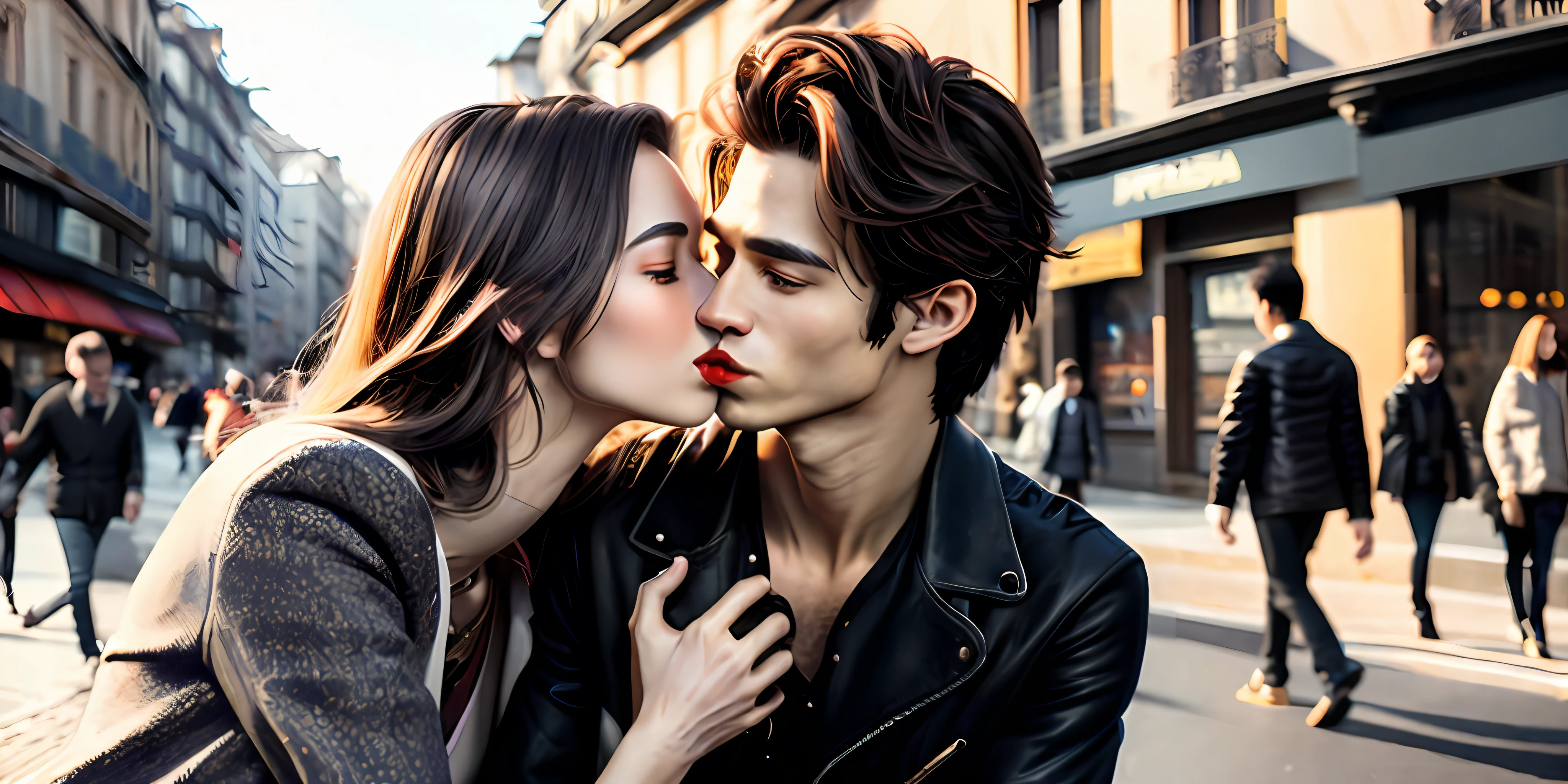 they are kissing each other on the street in the city, couple kissing, couple pose, lovely kiss, by Emma Andijewska, roberto ferri and ruan jia, kissing together cutely, by Galen Dara, by Zofia Stryjenska, by Arthur Sarkissian, kissing together, maxim sukharev, by Micha Klein