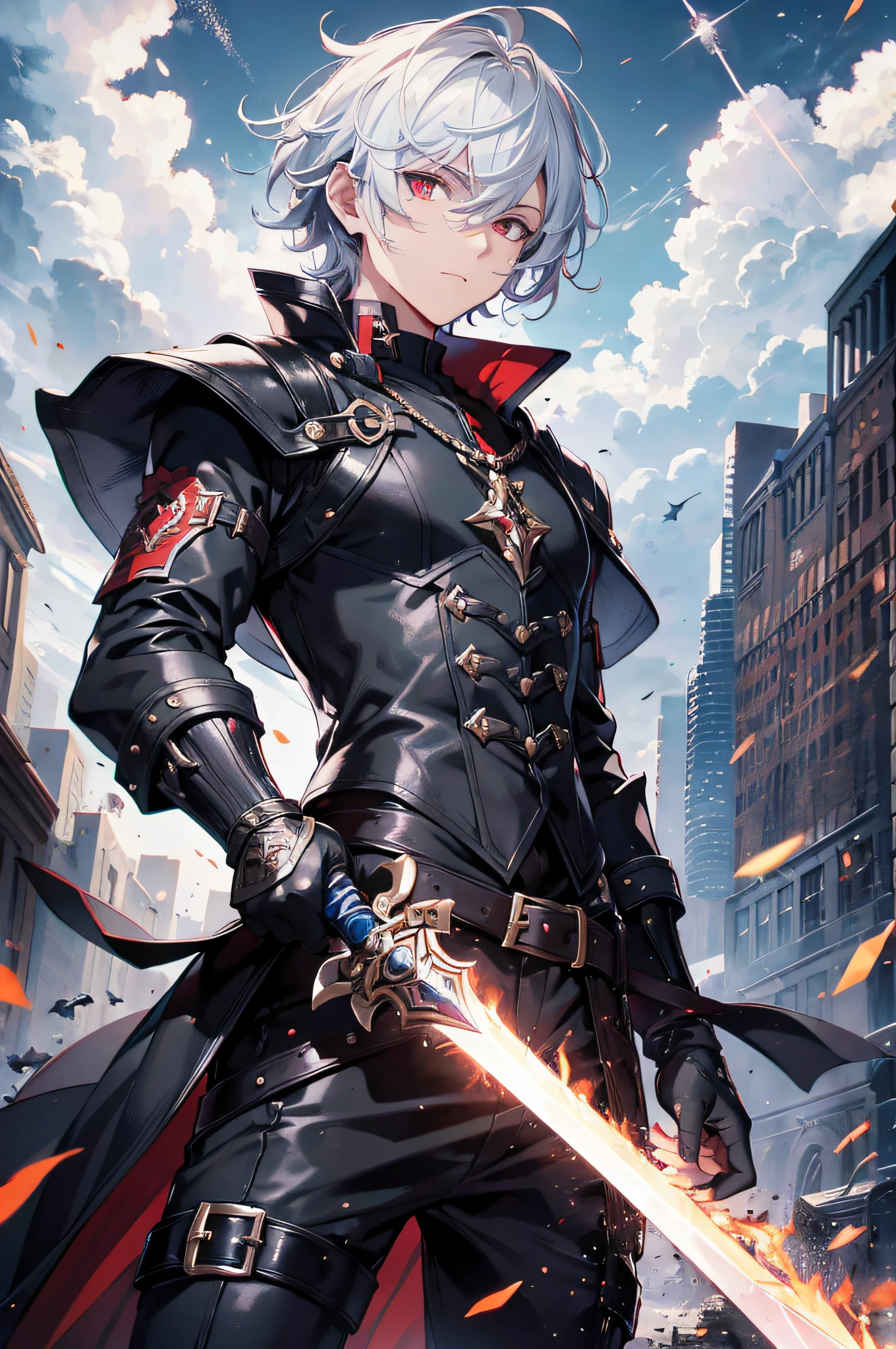 (absurdres, highres, ultra detailed), masterpiece, best quality, a boy in a black outfit holding a sword and a sword, with large sword, official character art, short hair, white hair, vibrant red eye, finely eye, detailed face, detailed hair, ruined city, dark background, spark, vortex, full of elementals, from below, look down, cowboy shot,