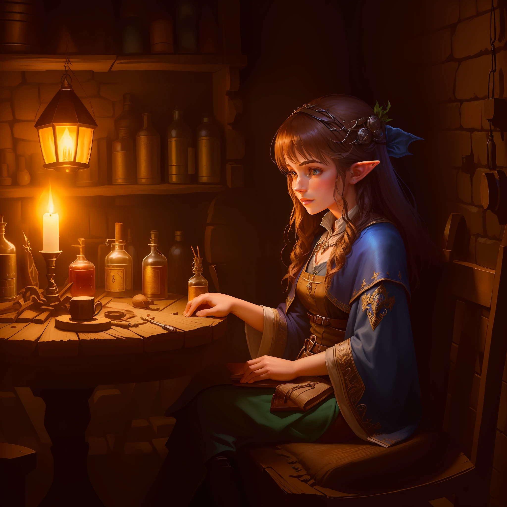 there is a woman sitting at a table with a candle in her hand, she is in the potions workshop, fantasy rpg book illustration, in a medieval tavern at night, realistic fantasy illustration, in fantasy tavern near fireplace, medieval fantasy game art, roleplaying game art, medieval alchemist in the dark, portrait of a young elf wizard, fantasy genre portrait, fantasy alchemist laboratory